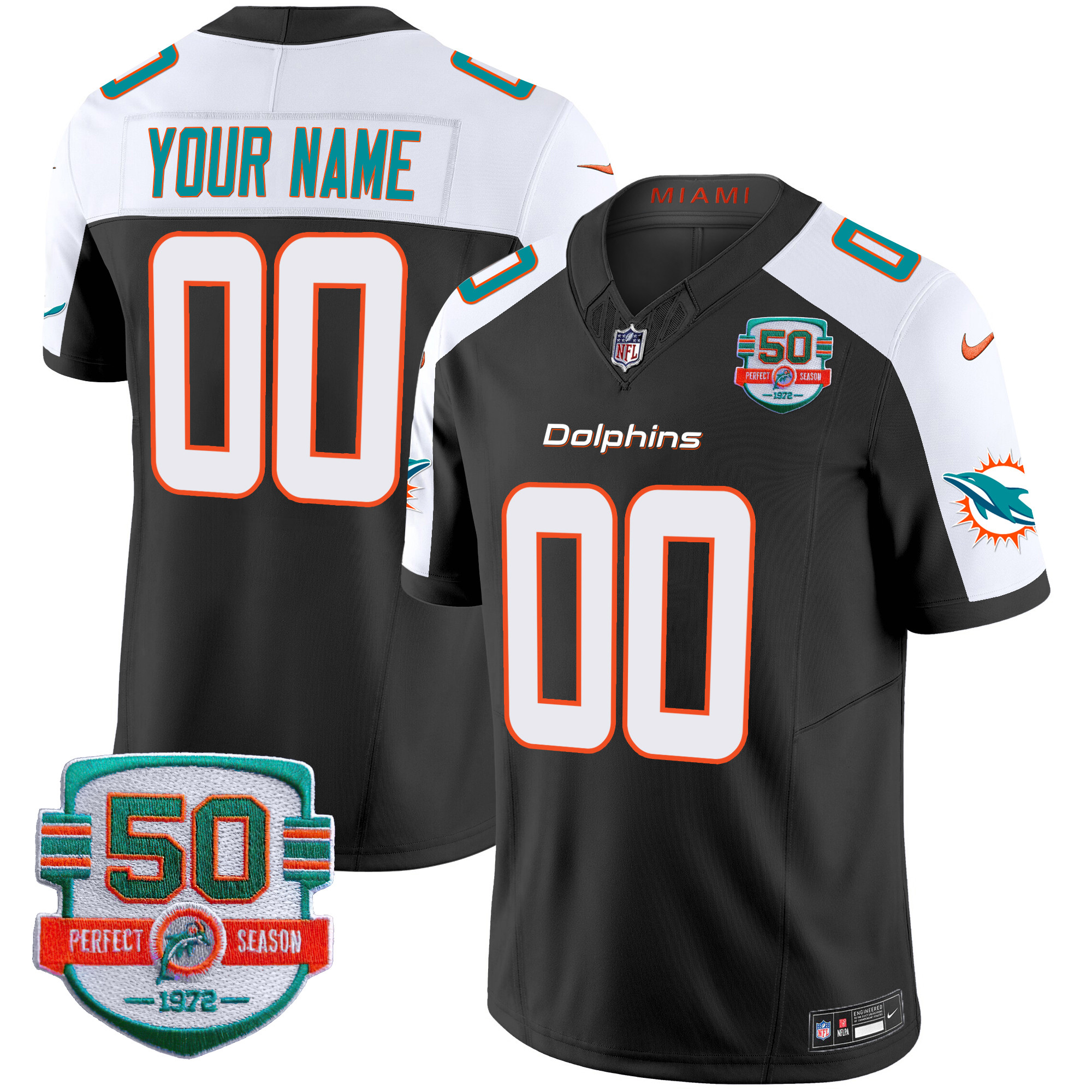 Miami Dolphins 50th 1972 Perfect Season Patch Vapor Custom Jersey – All Stitched