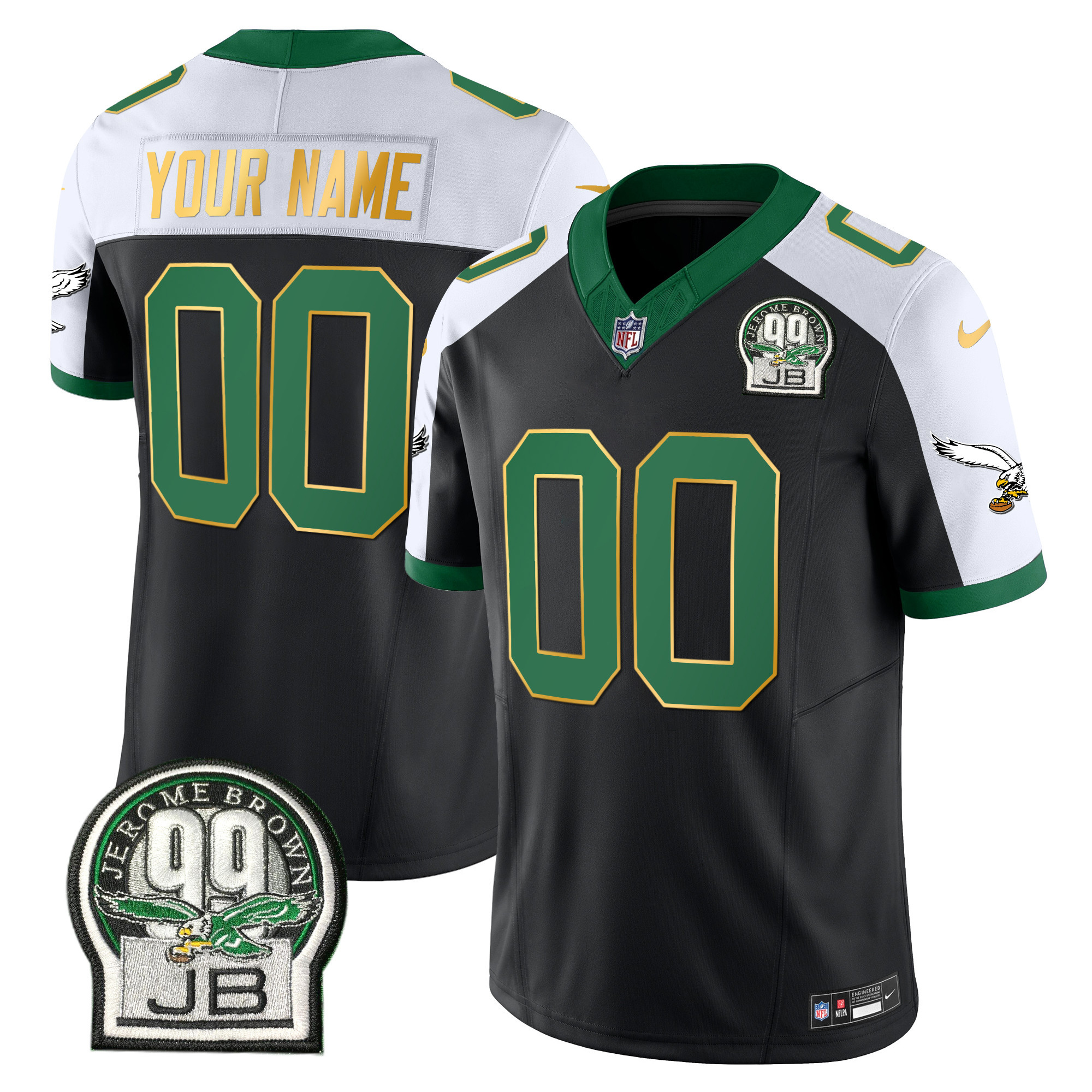 Philadelphia Eagles Jerome Brown Patch Kelly Green Gold Trim Custom Jersey – All Stitched