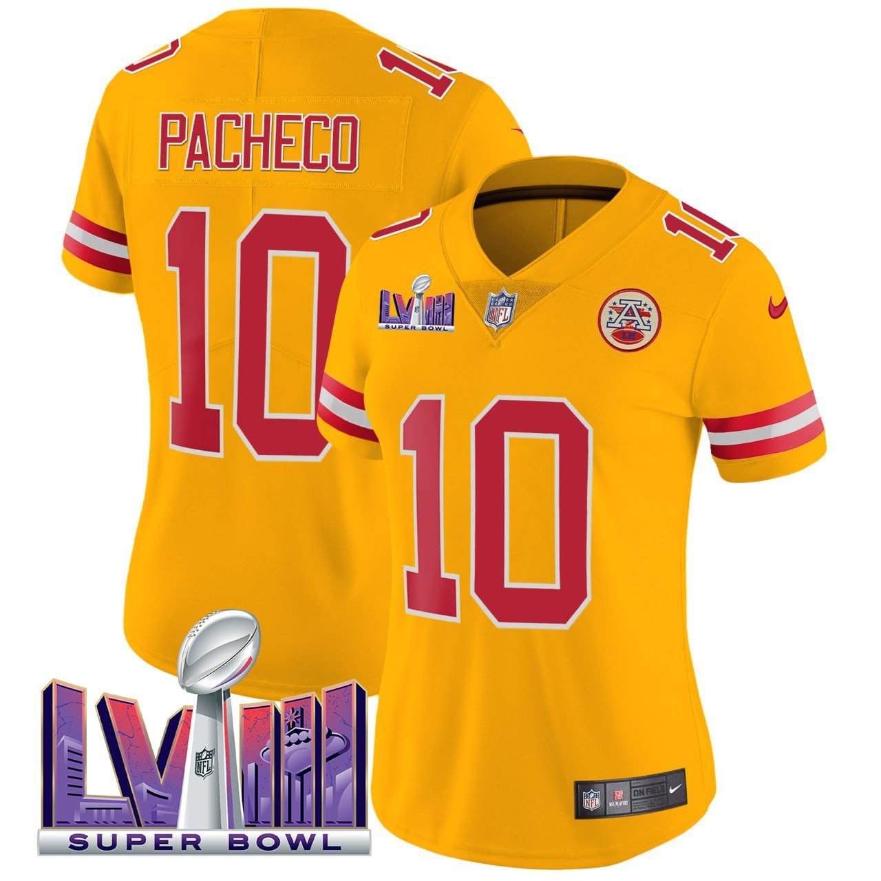 Women’s Isiah Pacheco Kansas City Chiefs Super Bowl LVIII Patch Yellow Jersey – All Stitched