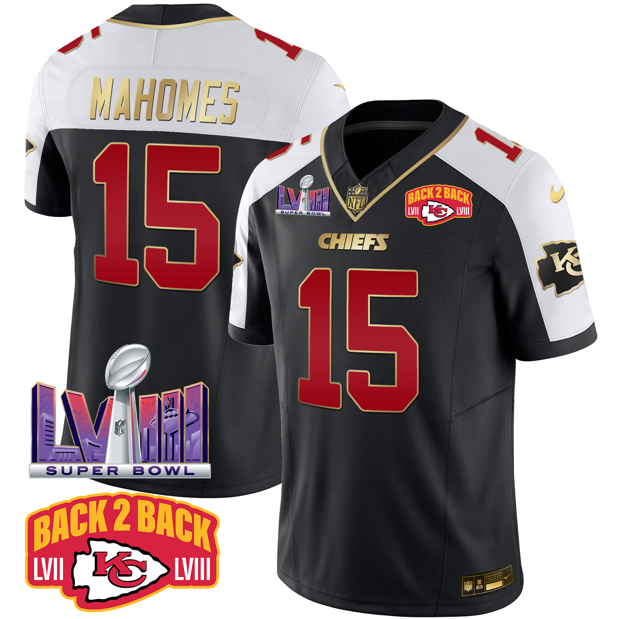 Men’s Kansas City Chiefs Super Bowl LVIII & Back 2 Back Patch Vapor Jersey – All Stitched
