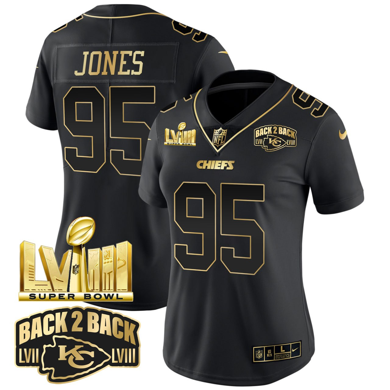 Chris Jones Kansas City Chiefs Super Bowl LVIII & Back 2 Back Gold Patch Black Gold Women Style Jersey V2 – All Stitched