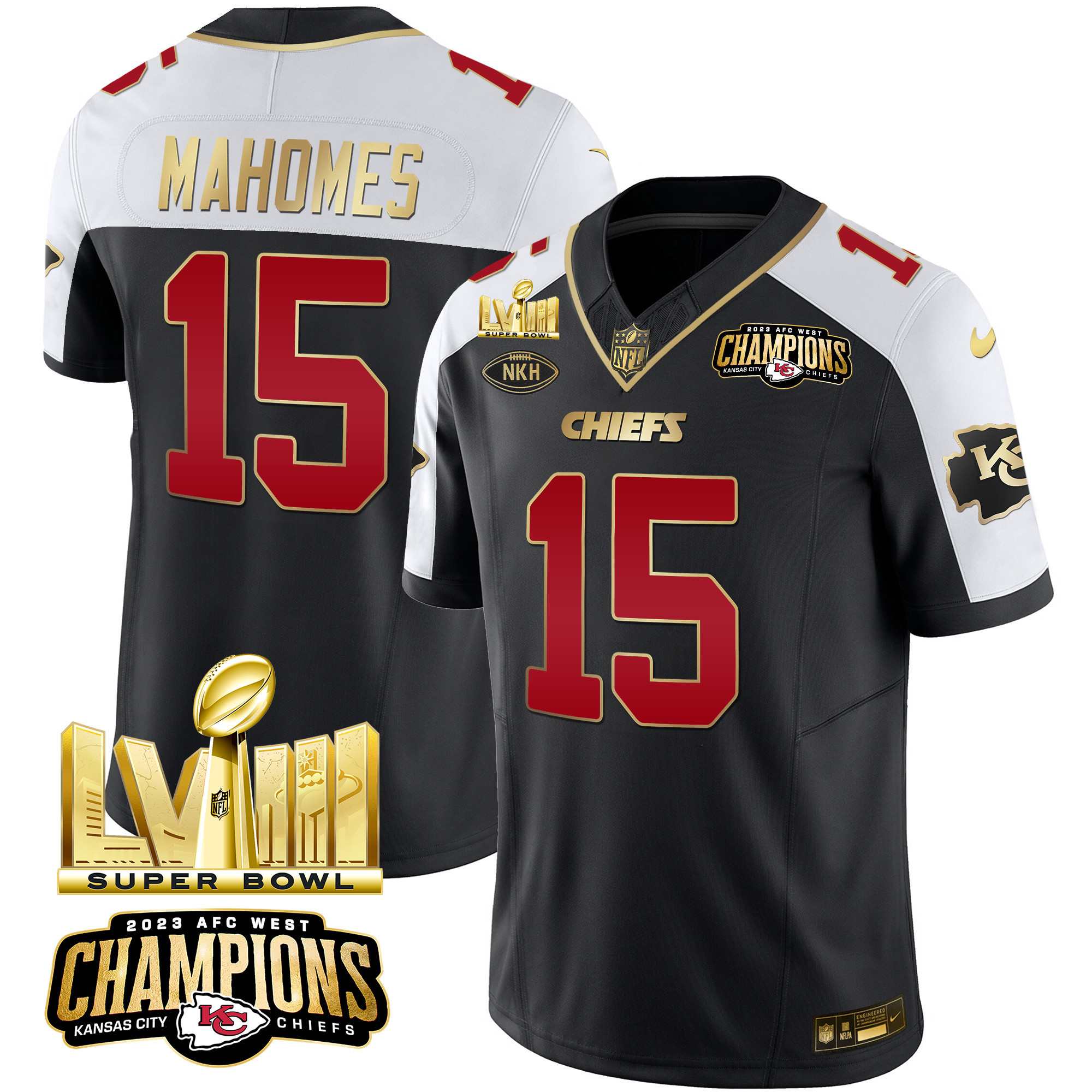 Men’s Kansas City Chiefs AFC West Champions & Super Bowl LVIII Gold Patch Vapor Jersey – All Stitched
