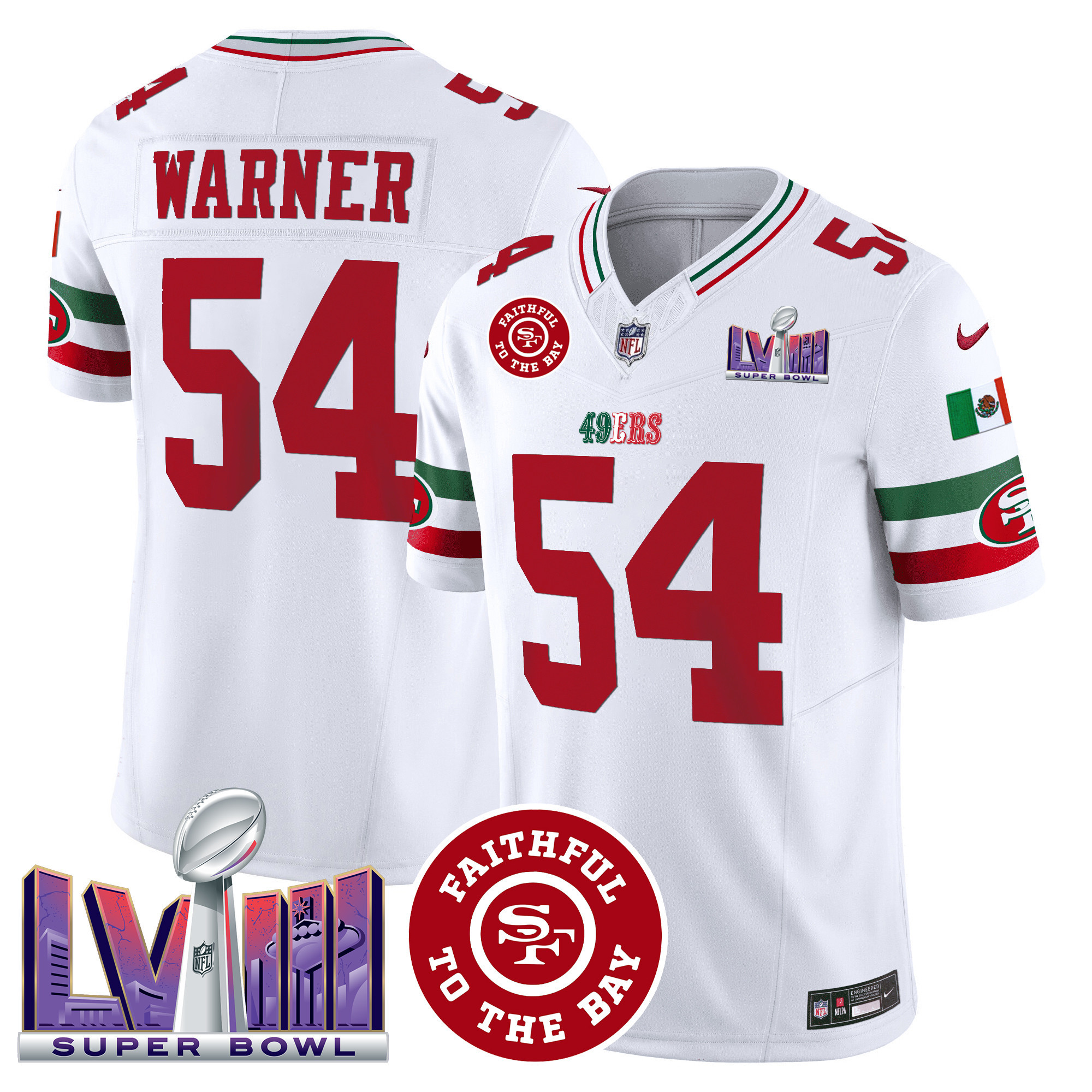 Men’s San Francisco 49ers Mexico Faithful & Super Bowl LVIII Patch Vapor Jersey – All Stitched