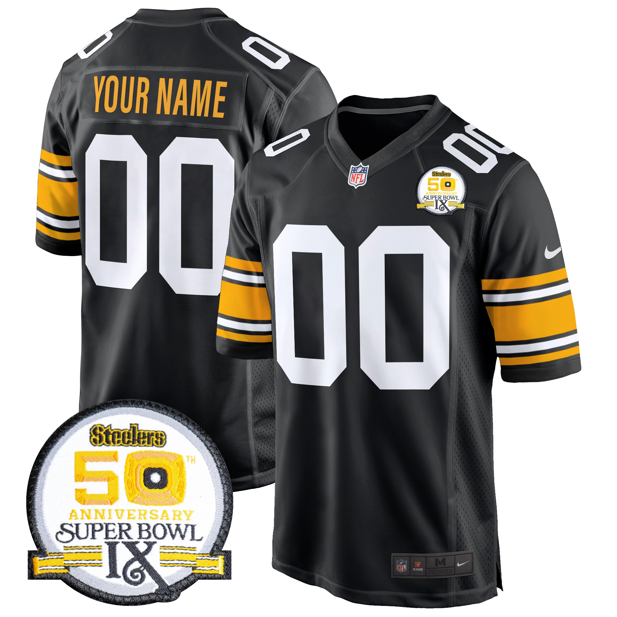 Pittsburgh Steelers 50th Anniversary Of Super Bowl IX Patch Game Custom Jersey – All Stitched