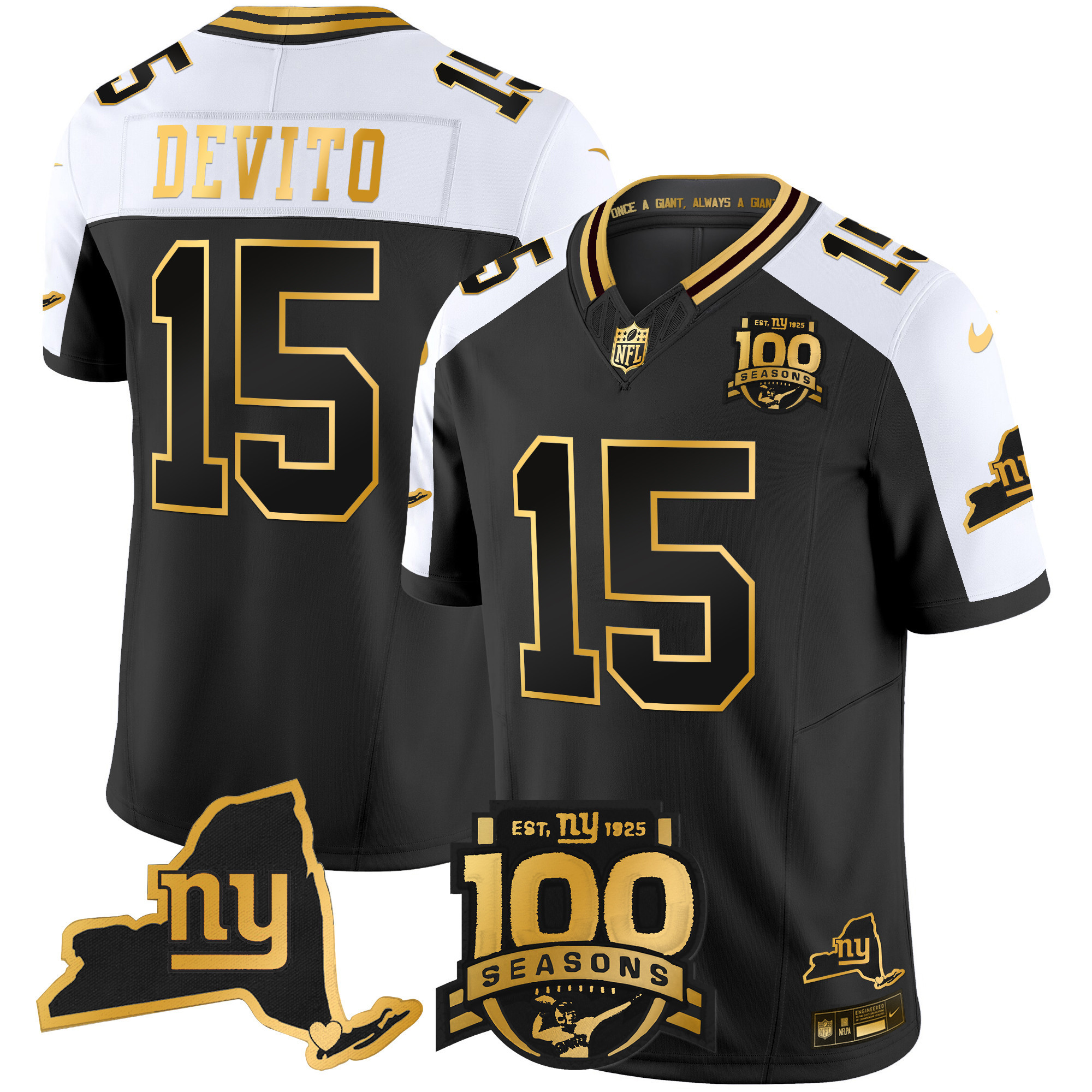 Men’s New York Giants 100th Season & State Patch Gold Vapor Limited Jersey – All Stitched