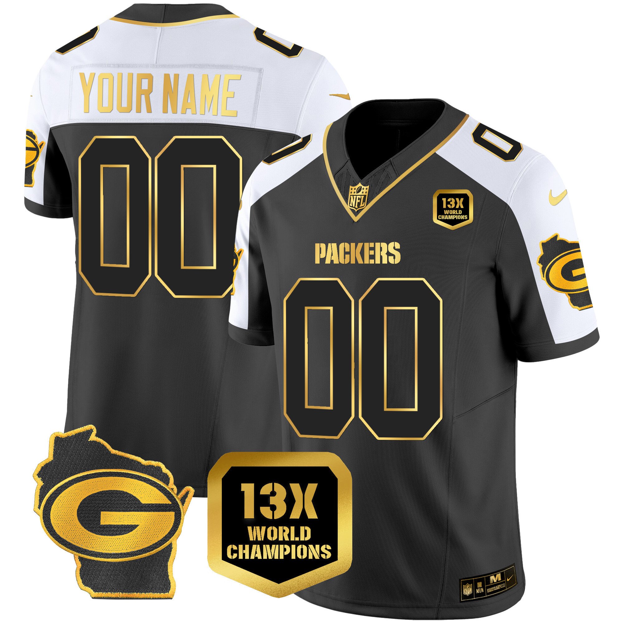 Green Bay Packers 13 Time World Champions & Home Patch Gold Vapor Custom Jersey – All Stitched