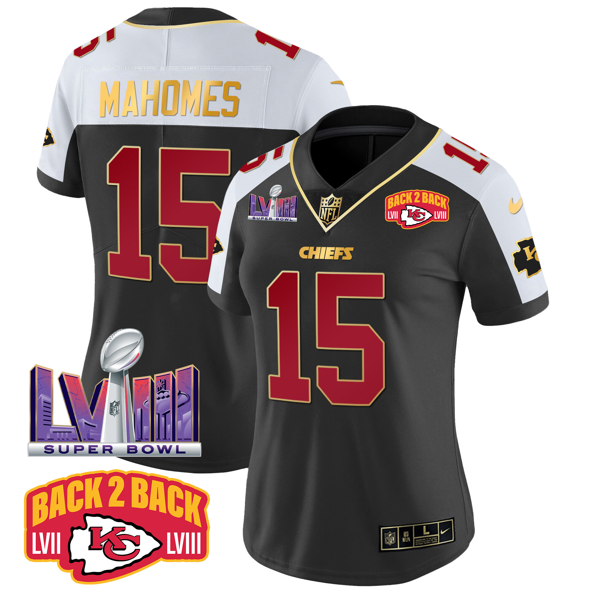 Women’s Kansas City Chiefs Super Bowl LVIII & Back 2 Back Patch Vapor Jersey – All Stitched