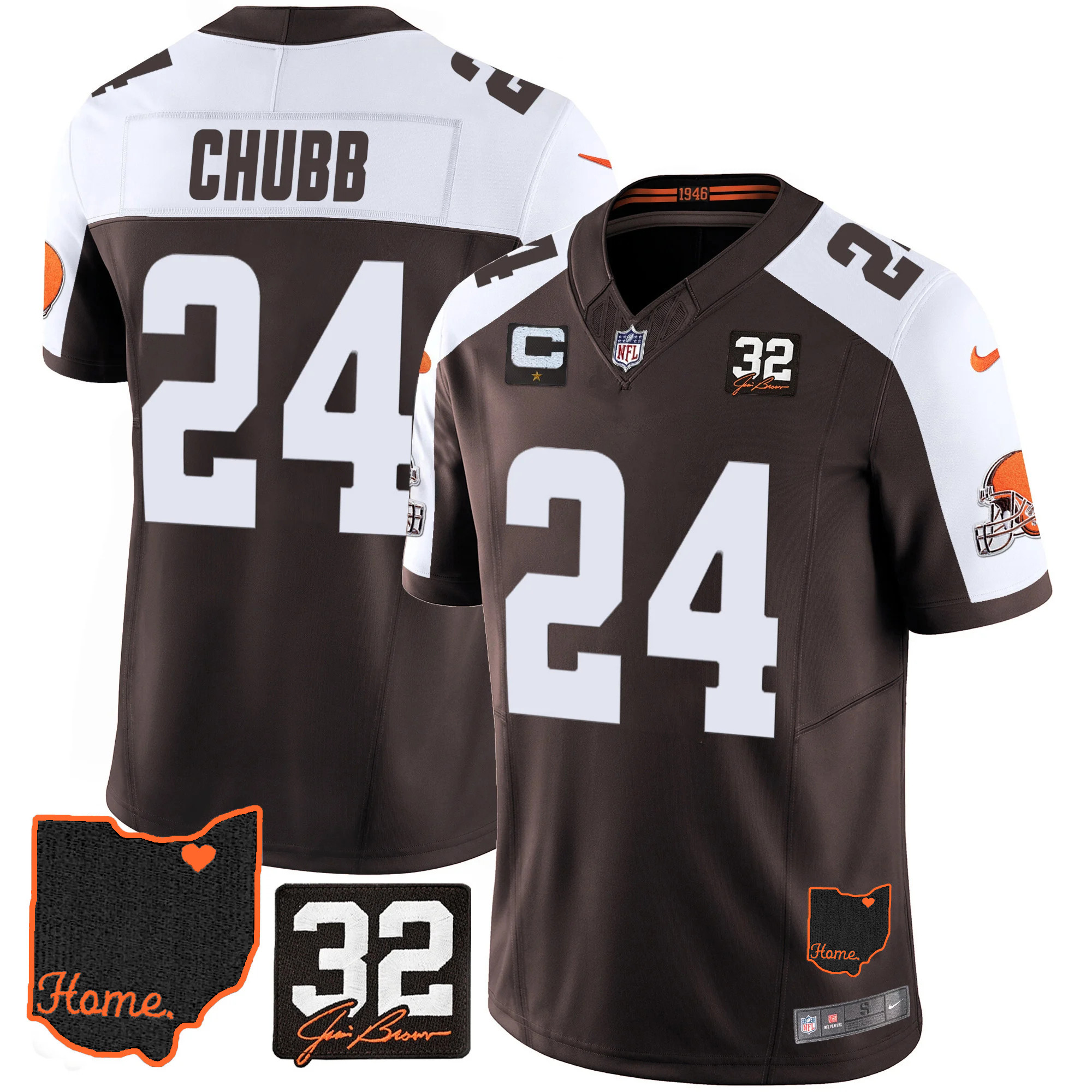 Men’s Cleveland Browns #32 Jim Brown Memorial & Home Patch Jersey V3 – All Stitched