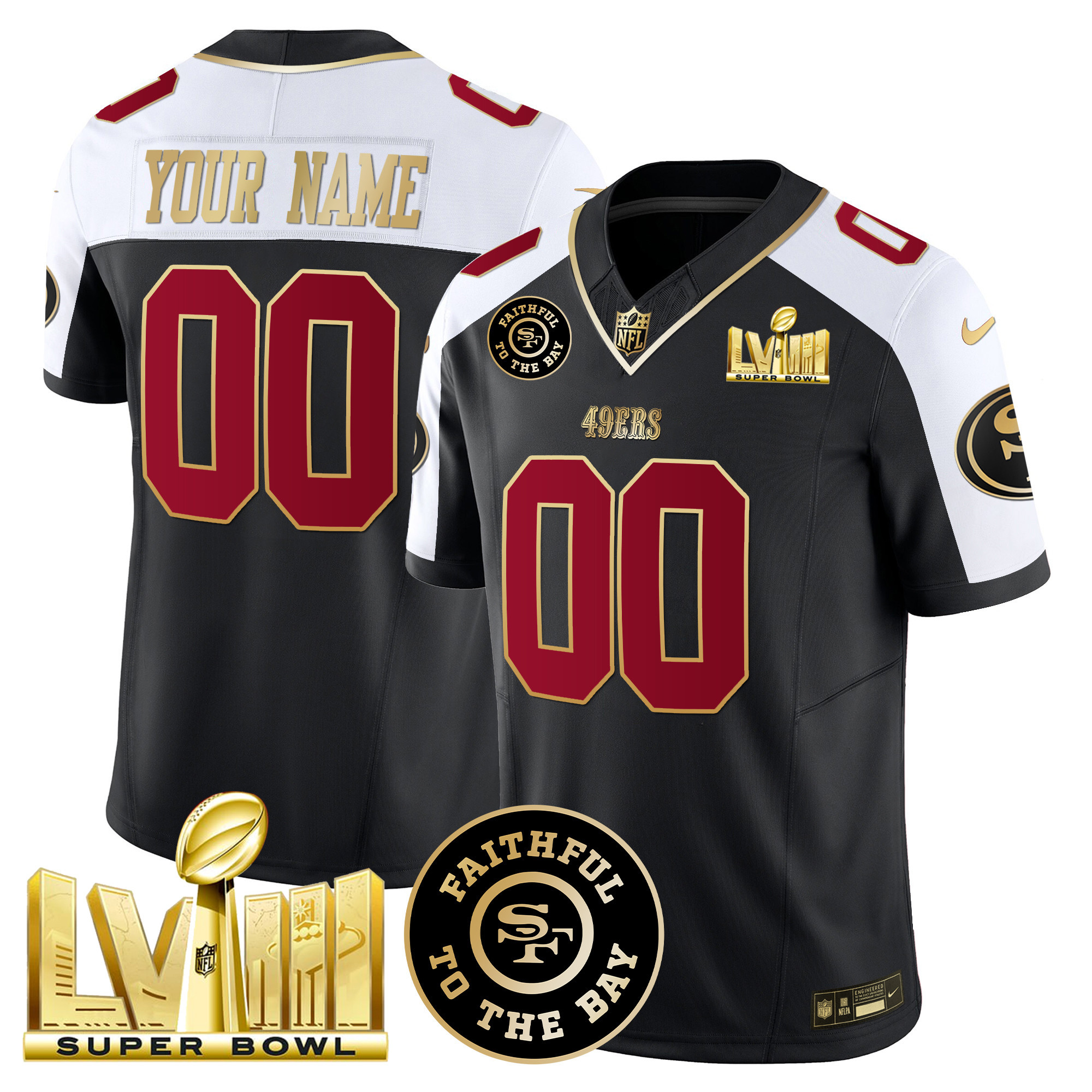 San Francisco 49ers Faithful & Super Bowl LVIII Gold Patch Vapor Custom Jersey – All Stitched