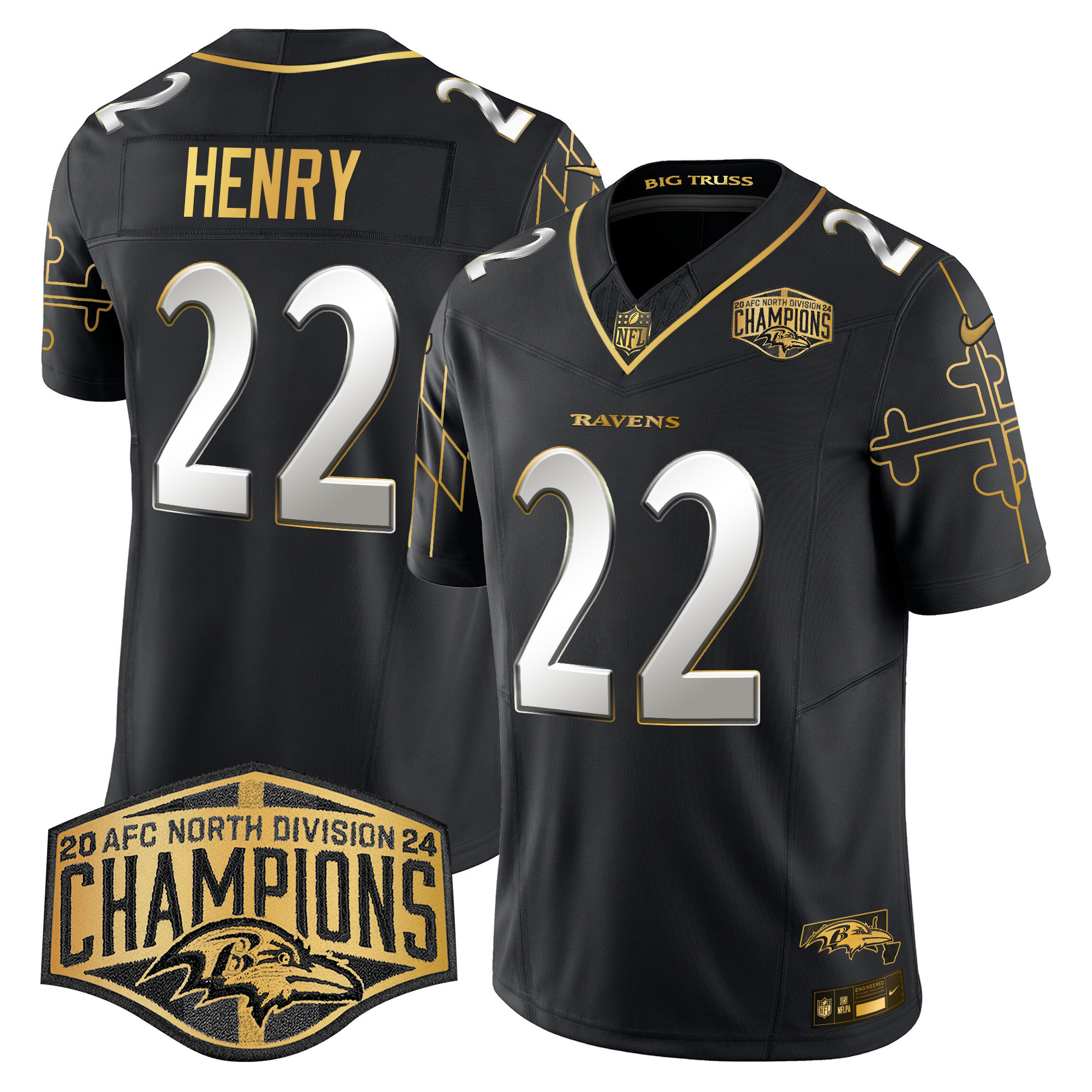 Men’s Ravens Maryland Flag Map 2024 AFC North Division Champions Patch Gold Vapor Limited Jersey – All Stitched