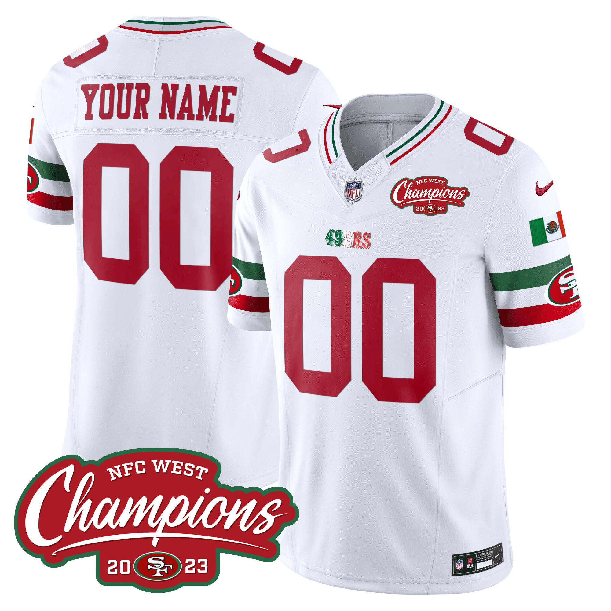 San Francisco 49ers Mexico 2023 NFC West Champions Patch Vapor Custom Jersey – All Stitched