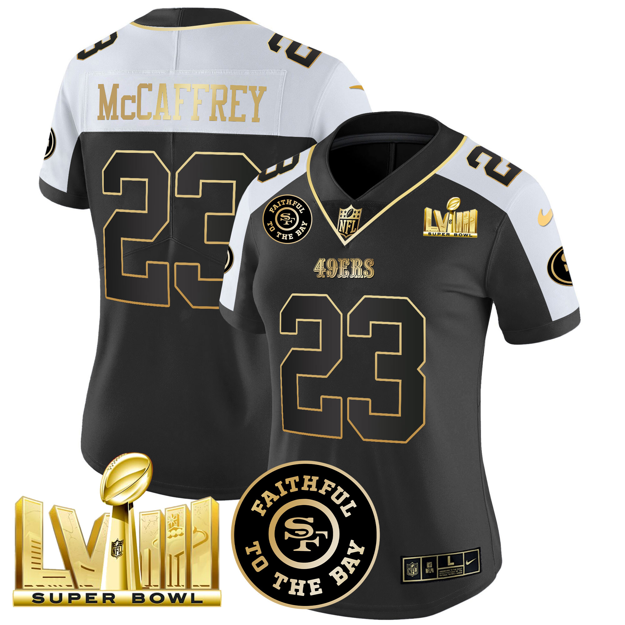 Women’s San Francisco 49ers Faithful & Super Bowl LVIII Gold Patch Vapor Jersey V2 – All Stitched