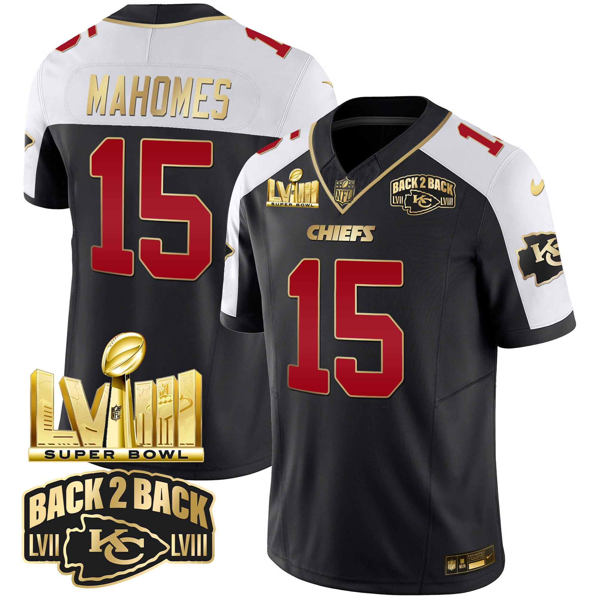 Men’s Kansas City Chiefs Super Bowl LVIII & Back 2 Back Gold Patch Vapor Jersey – All Stitched