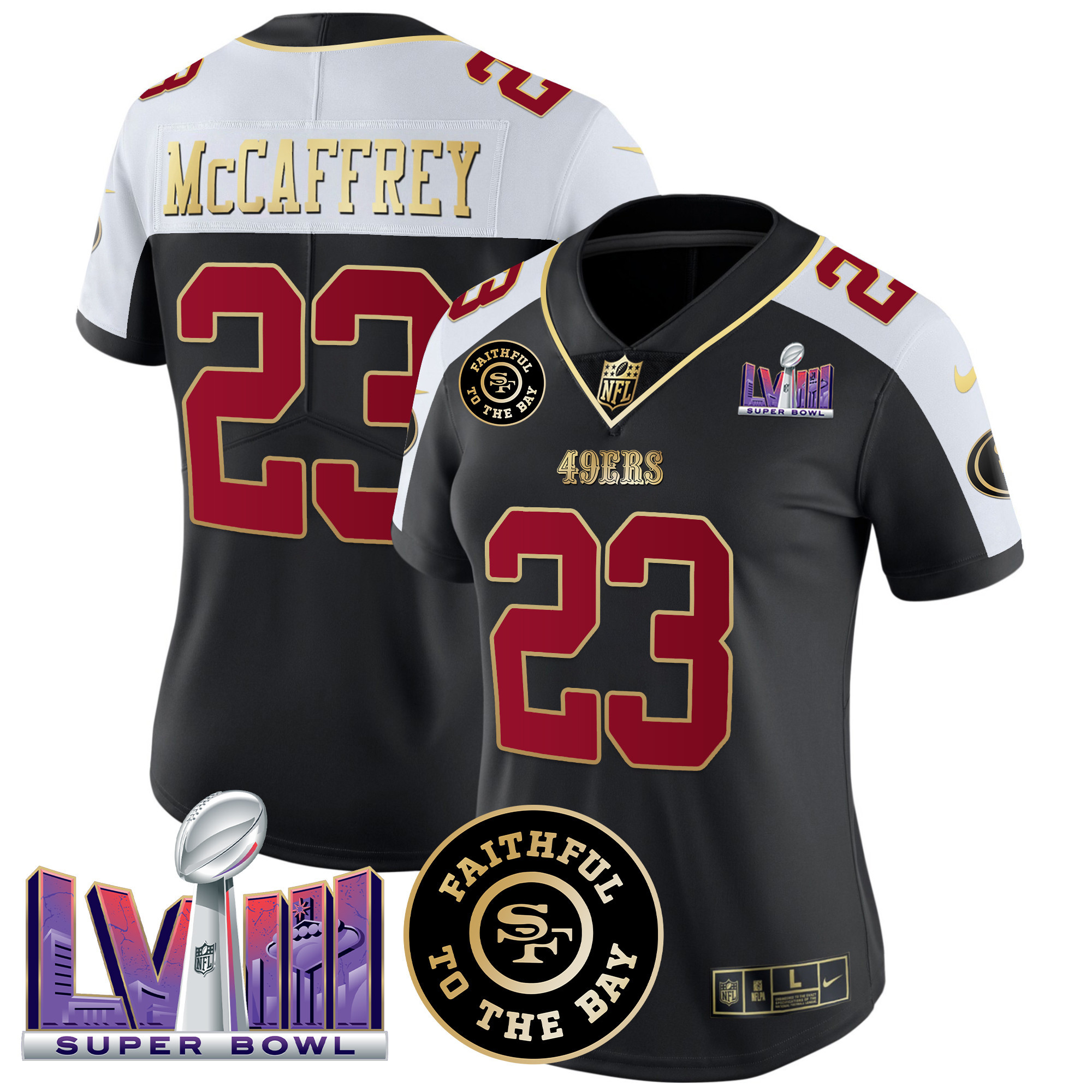 Women’s San Francisco 49ers Faithful & Super Bowl LVIII Patch Vapor Jersey – All Stitched