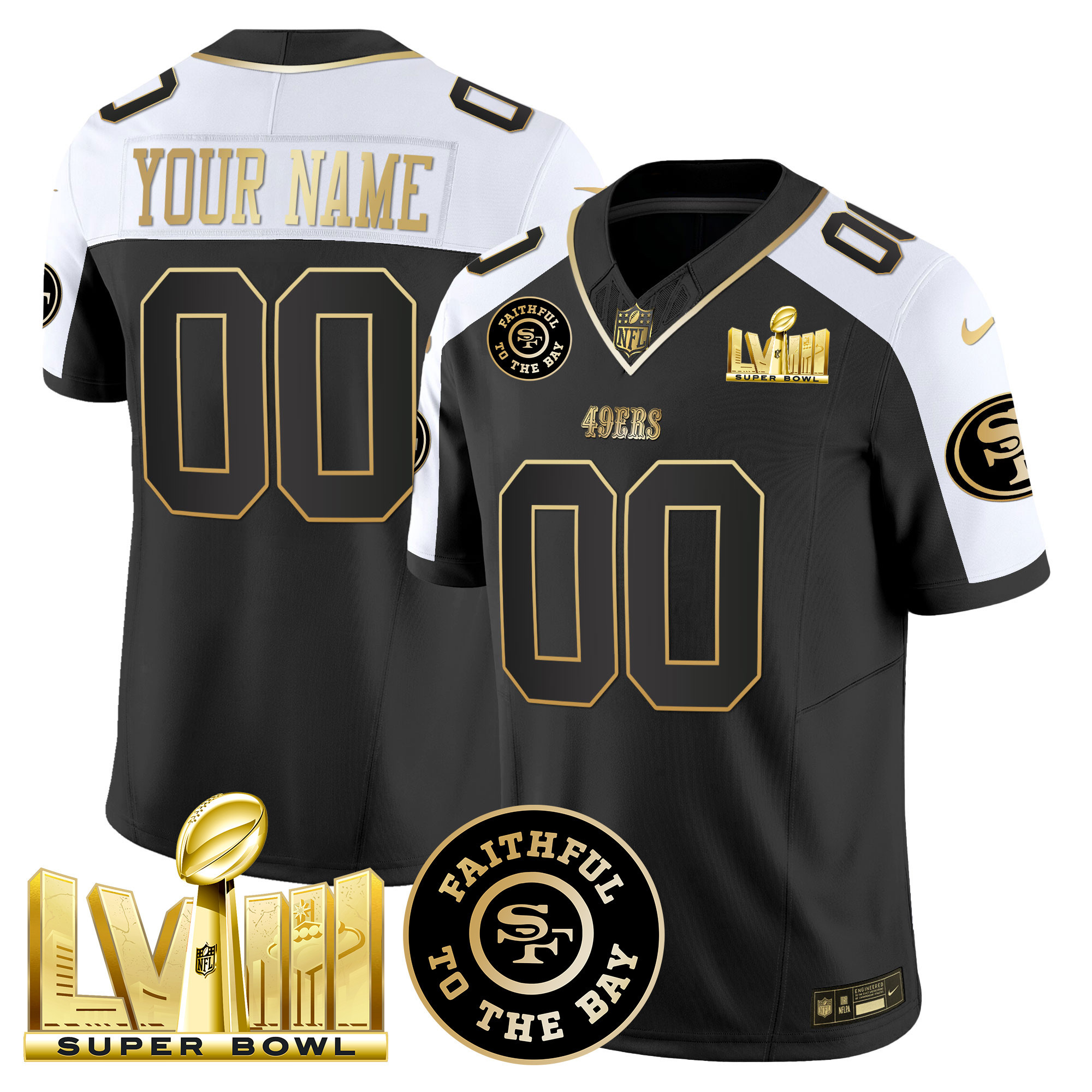 San Francisco 49ers Faithful & Super Bowl LVIII Gold Patch Vapor Custom Jersey V2 – All Stitched