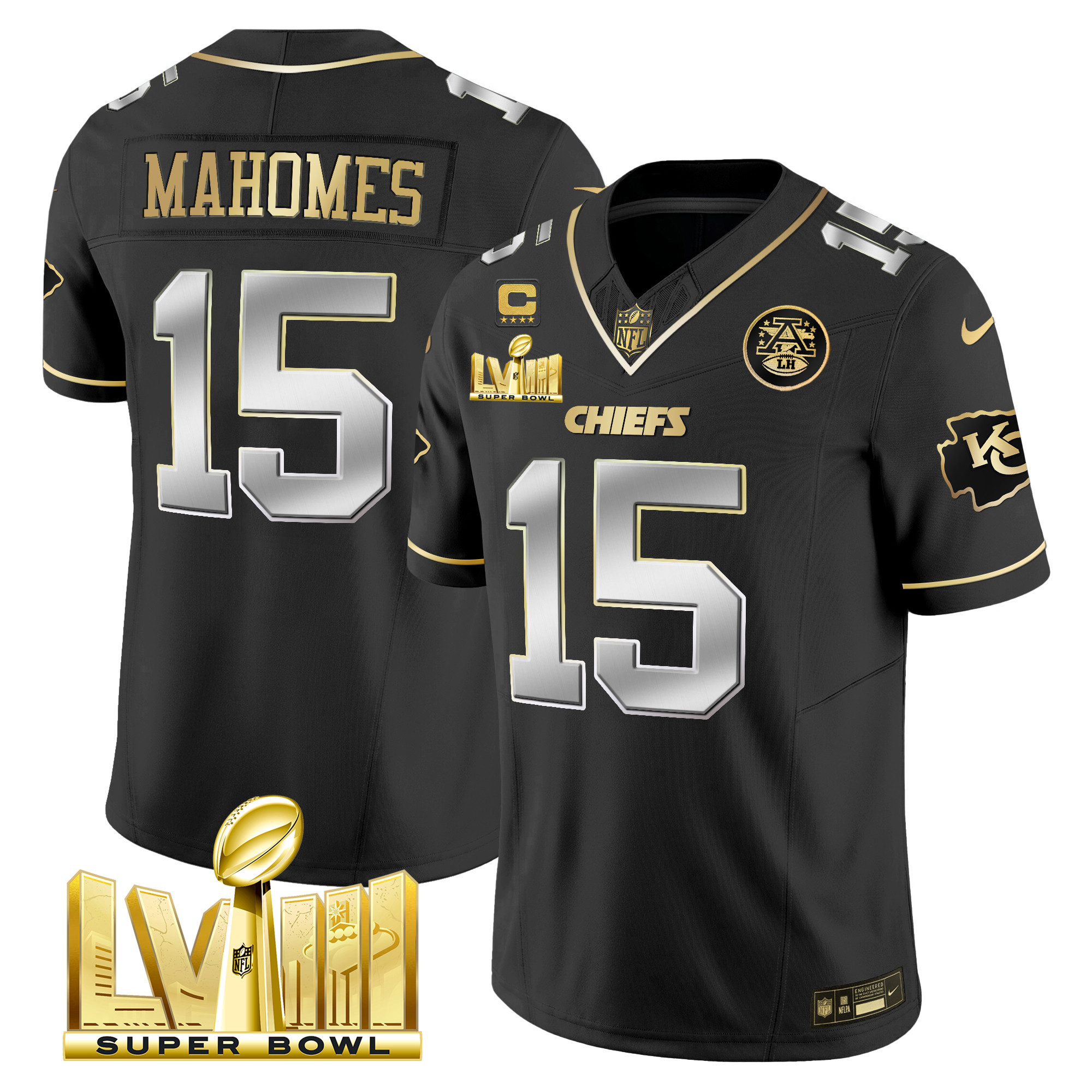Men’s Kansas City Chiefs Super Bowl LVIII Gold Patch Vapor Jersey V4 – All Stitched