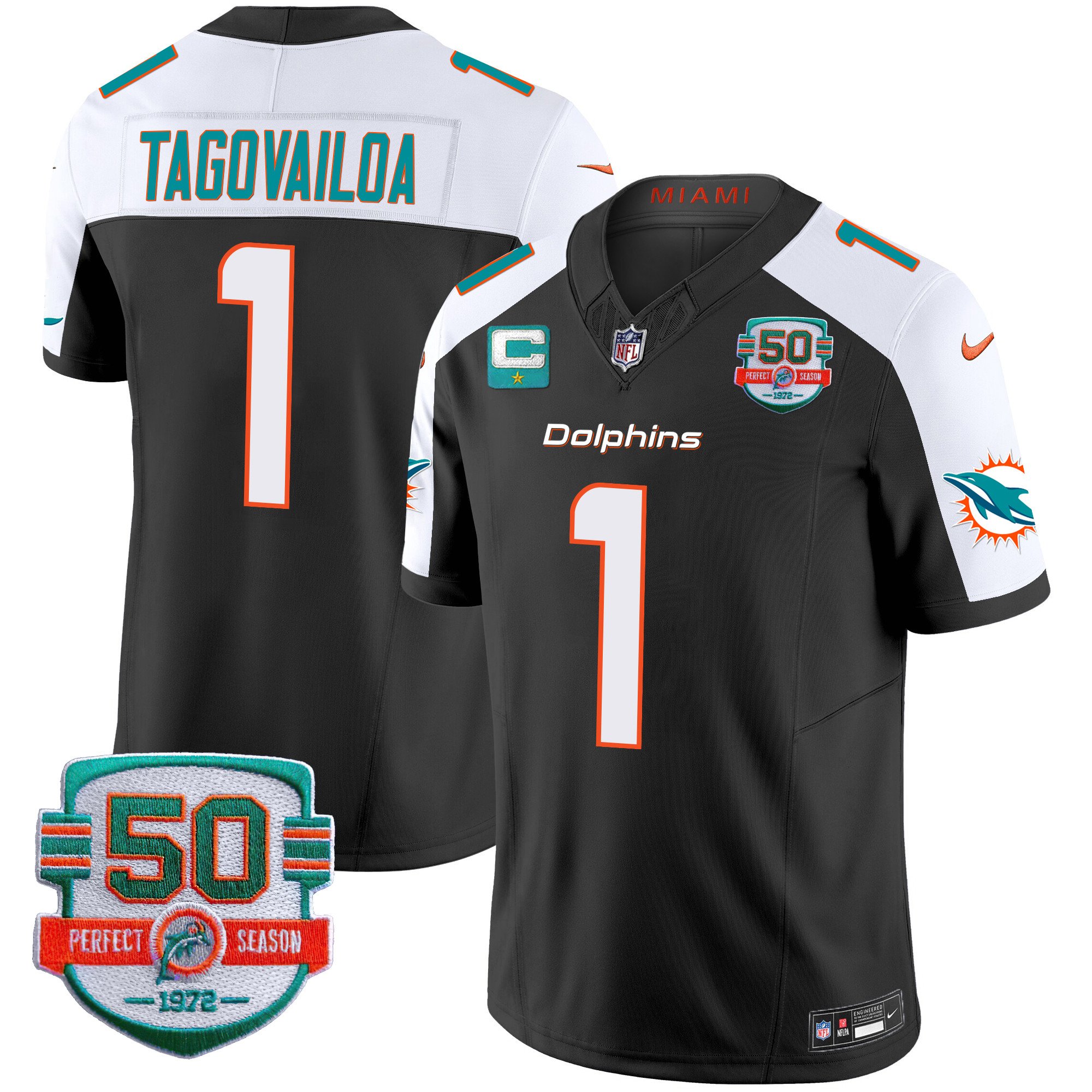 Men’s Miami Dolphins 50th 1972 Perfect Season Patch Vapor Jersey – All Stitched