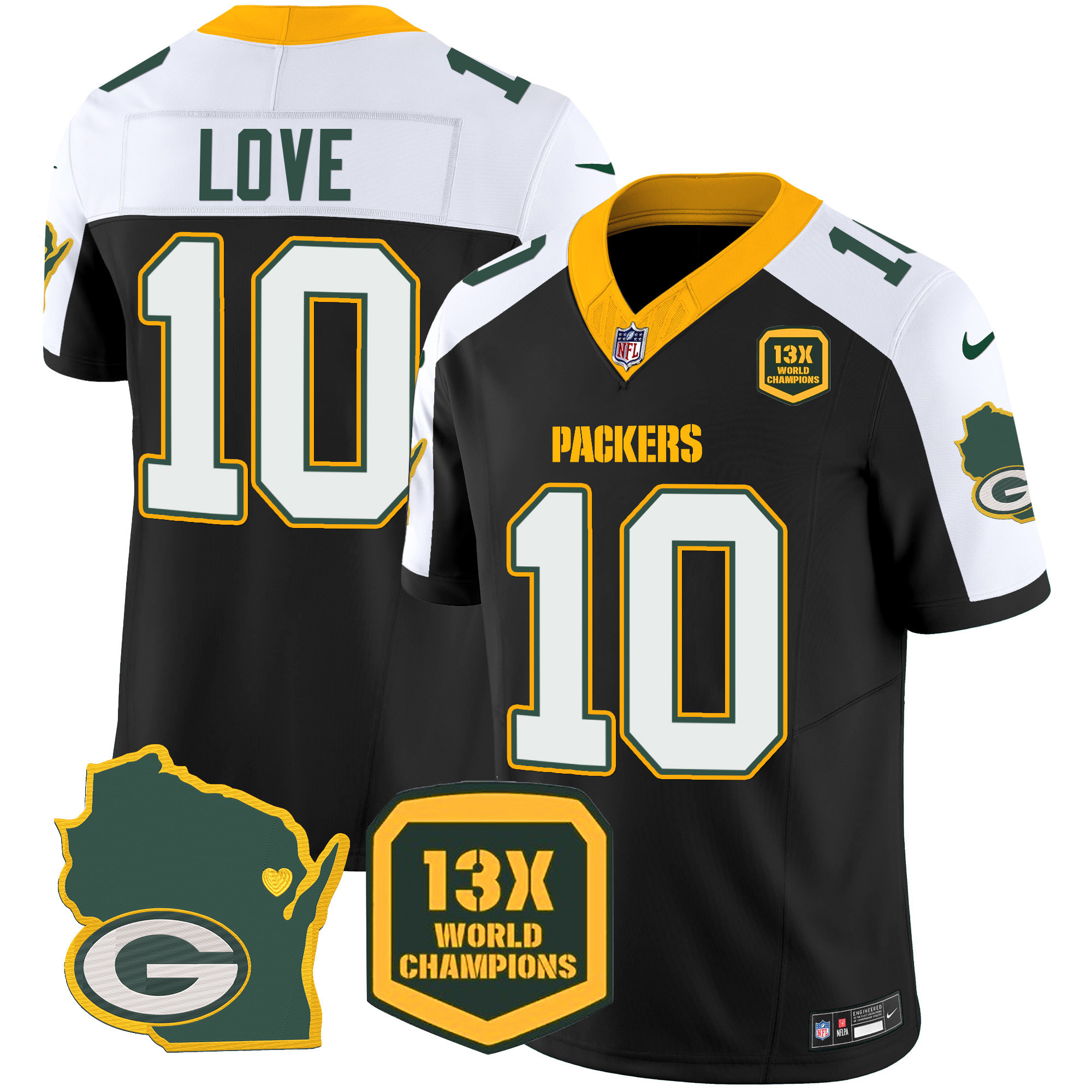 Men’s Green Bay Packers 13 Time World Champions & Home Patch Vapor Jersey V2 – All Stitched