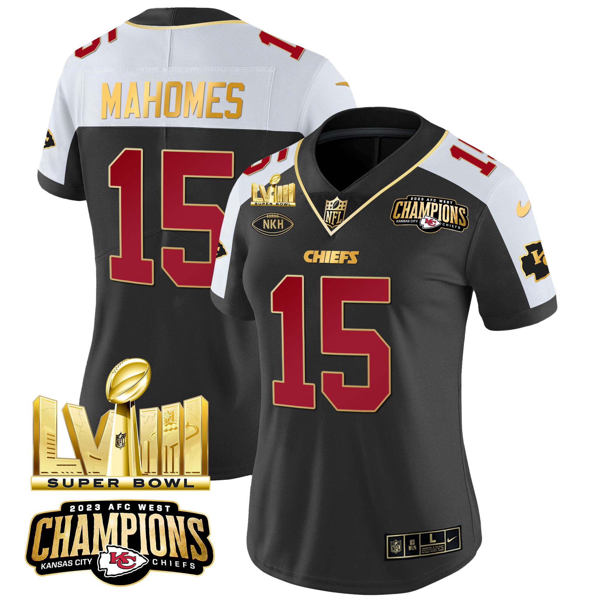 Women’s Kansas City Chiefs AFC West Champions & Super Bowl LVIII Gold Patch Vapor Jersey – All Stitched