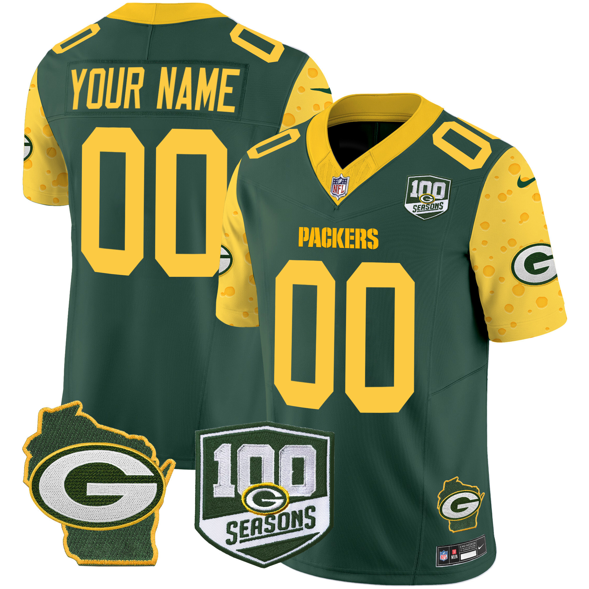 Green Bay Packers 100th Season & Home Patch Cheese Vapor Limited Custom Jersey – All Stitched
