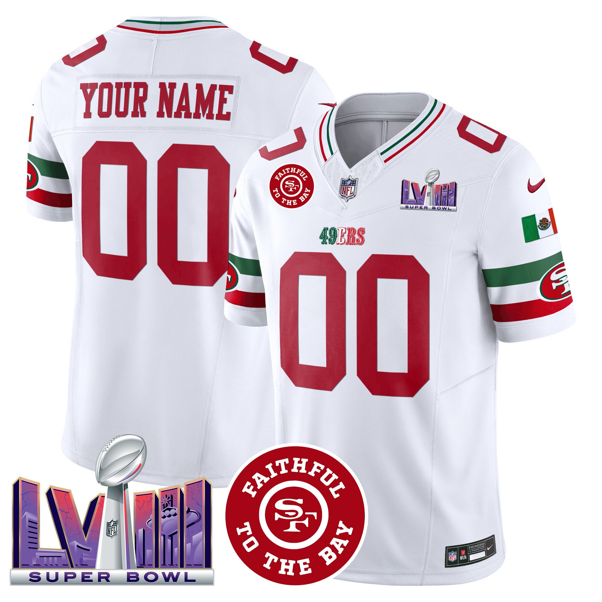 San Francisco 49ers Mexico Faithful & Super Bowl LVIII Patch Vapor Custom Jersey – All Stitched