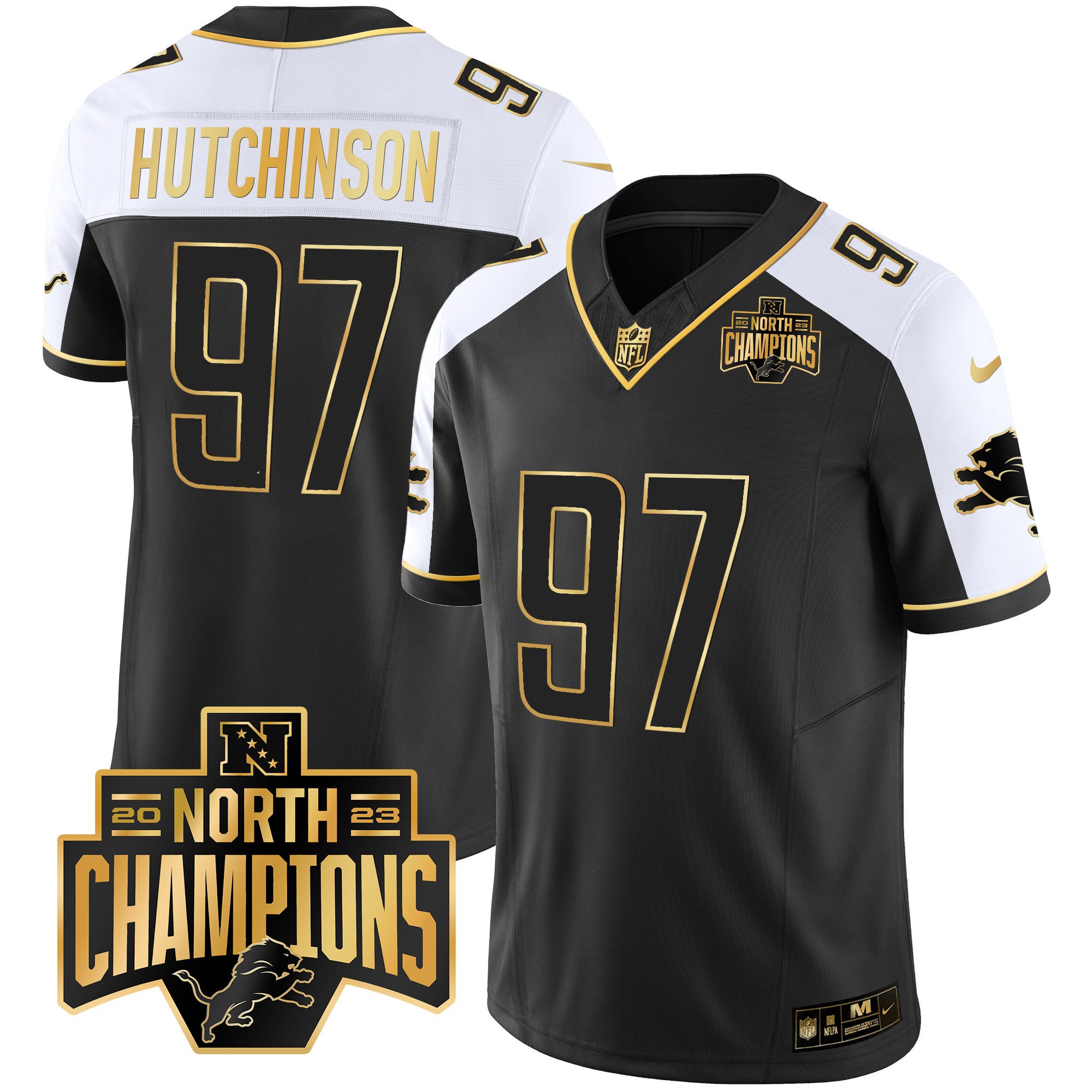Men’s Detroit Lions 2023 NFC North Division Champions Patch Vapor Gold Jersey – All Stitched