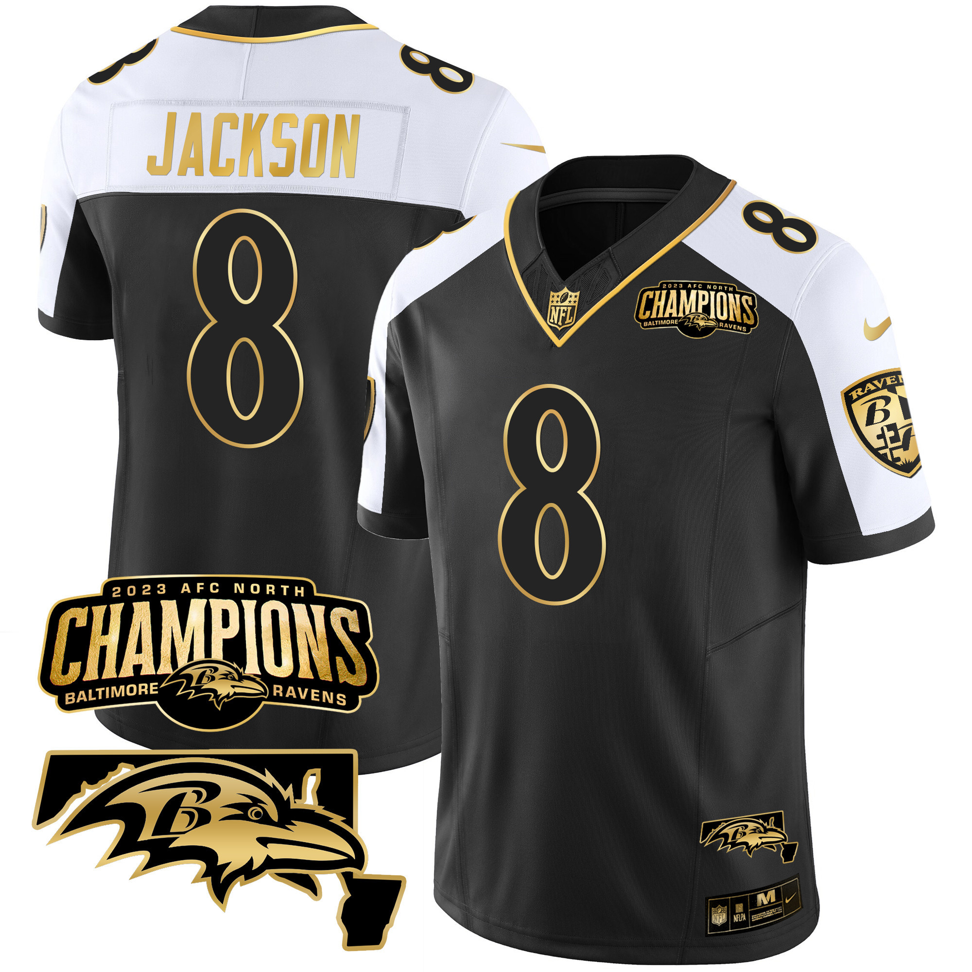 Men’s Baltimore Ravens 2023 AFC North Champions & Maryland Patch Gold Vapor Jersey – All Stitched