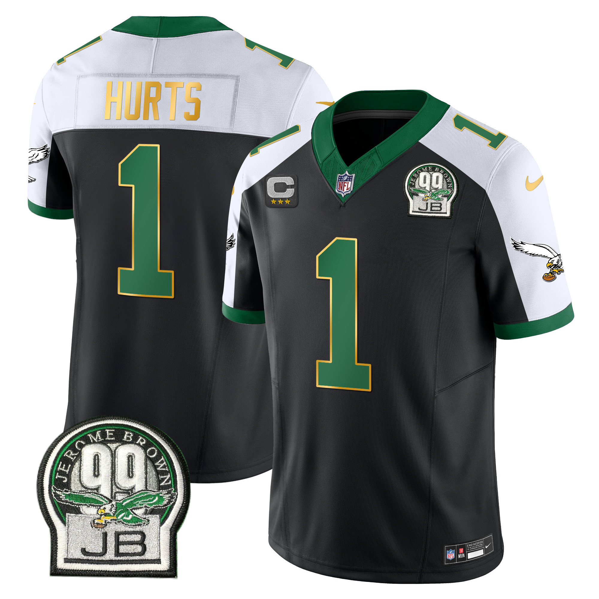 Men’s Philadelphia Eagles Jerome Brown Patch Kelly Green Gold Trim Jersey – All Stitched