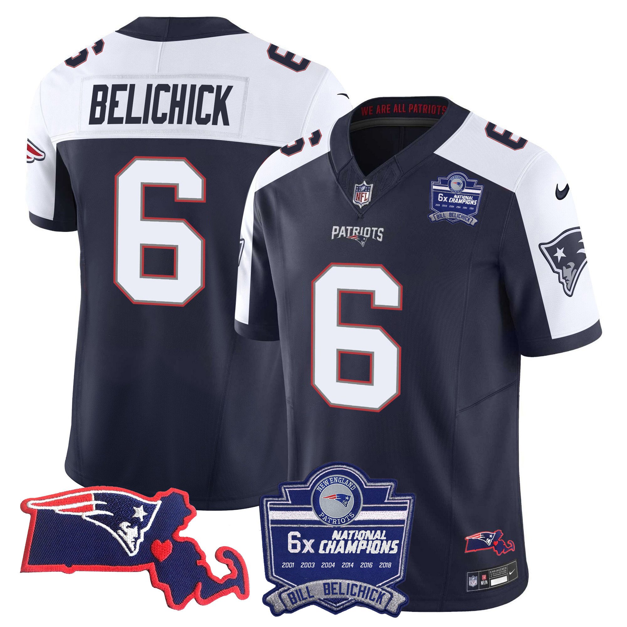 Men’s New England Patriots Bill Belichick 6x Champions Patch Vapor Jersey – All Stitched