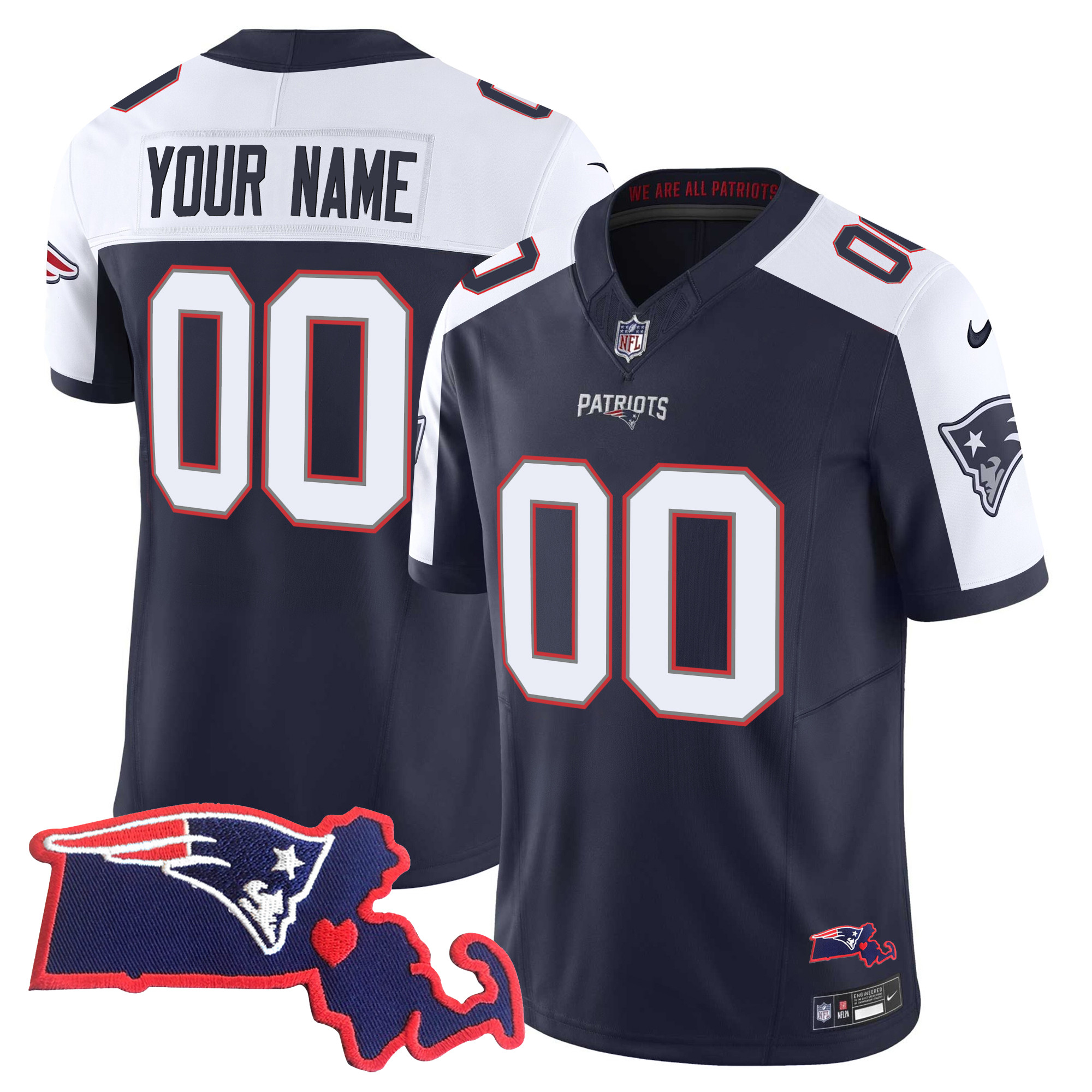 New England Patriots Massachusetts Patch Vapor Custom Jersey – All Stitched