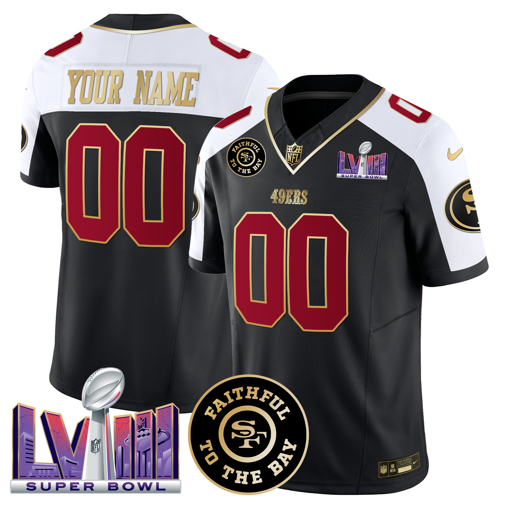 San Francisco 49ers Faithful & Super Bowl LVIII Patch Vapor Custom Jersey – All Stitched