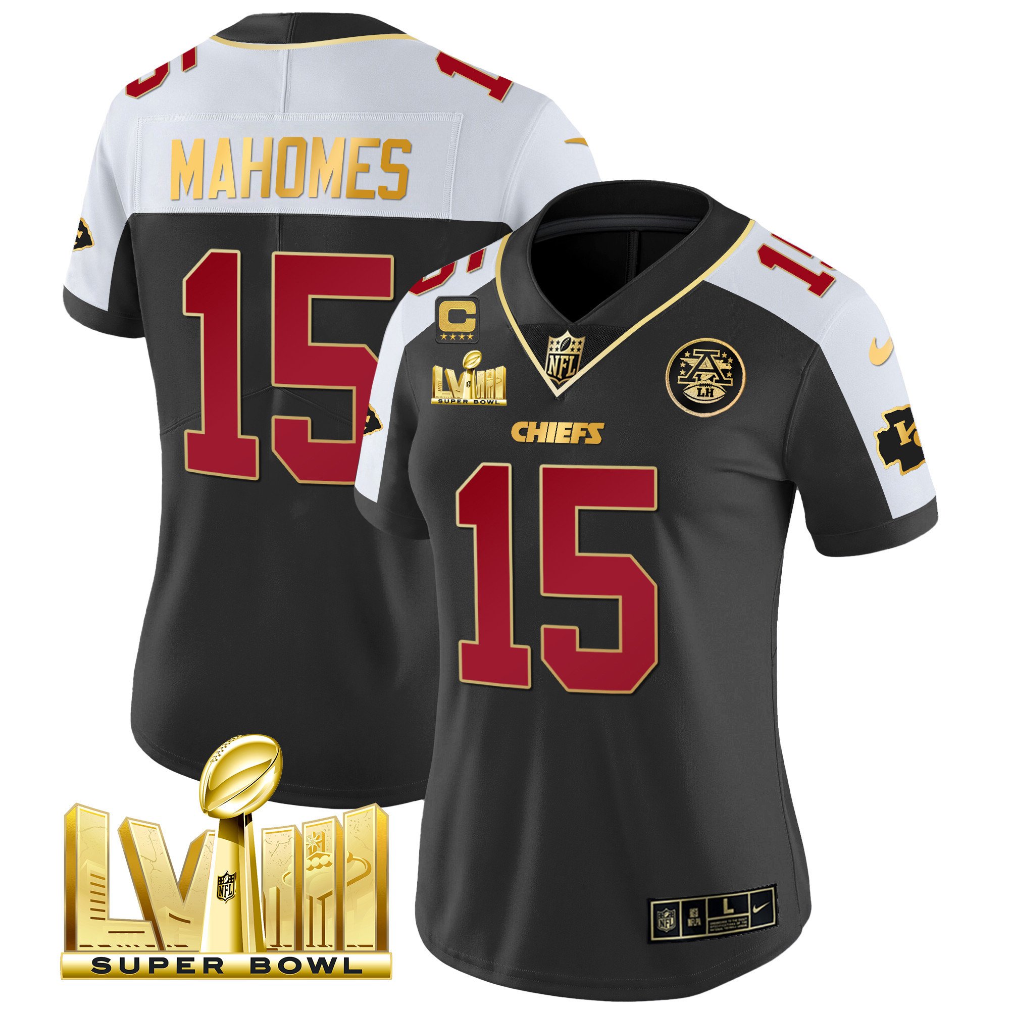 Women’s Kansas City Chiefs Super Bowl LVIII Gold Patch Vapor Jersey – All Stitched