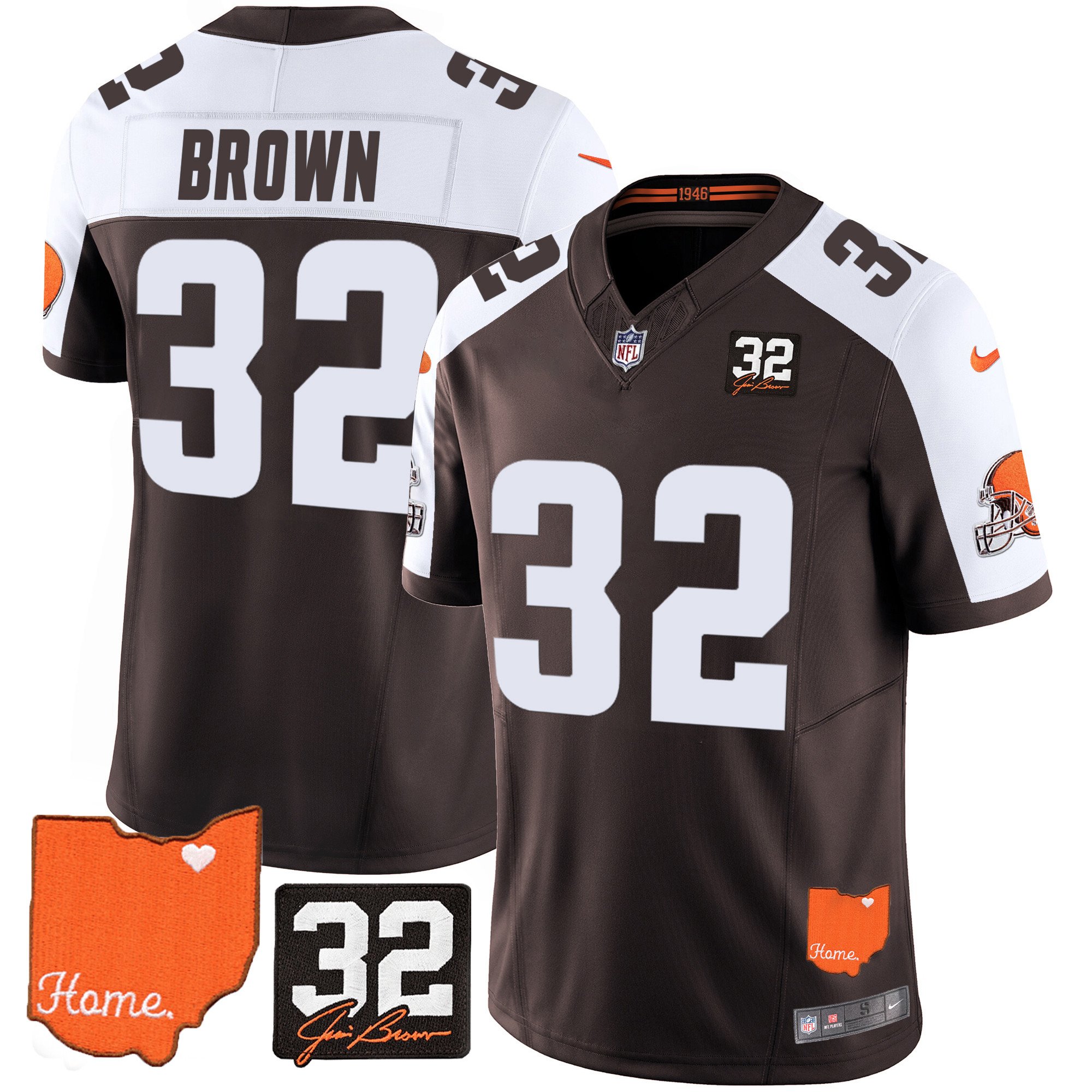 Jim Brown Cleveland Browns #32 Jim Brown Memorial & Home Patch Jersey – All Stitched