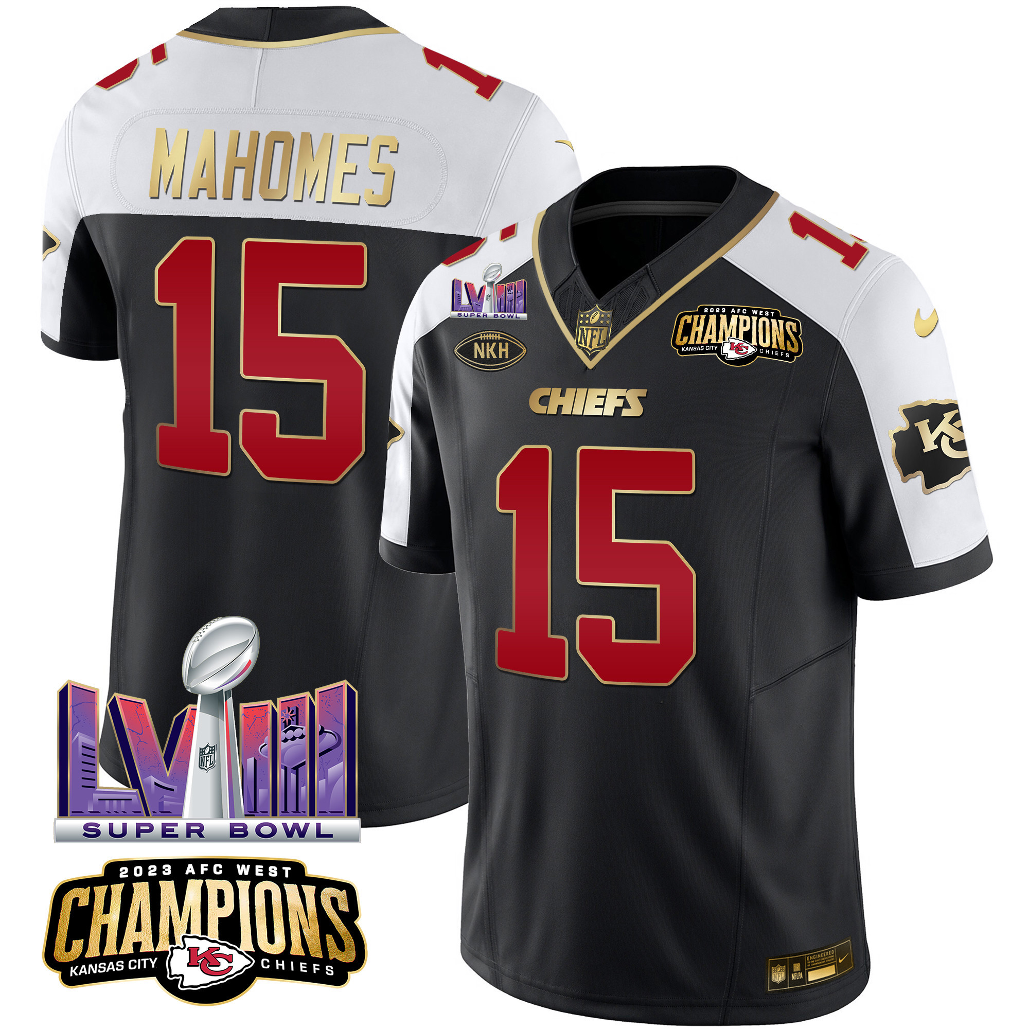 Men’s Kansas City Chiefs AFC West Champions & Super Bowl LVIII Patch Vapor Jersey – All Stitched
