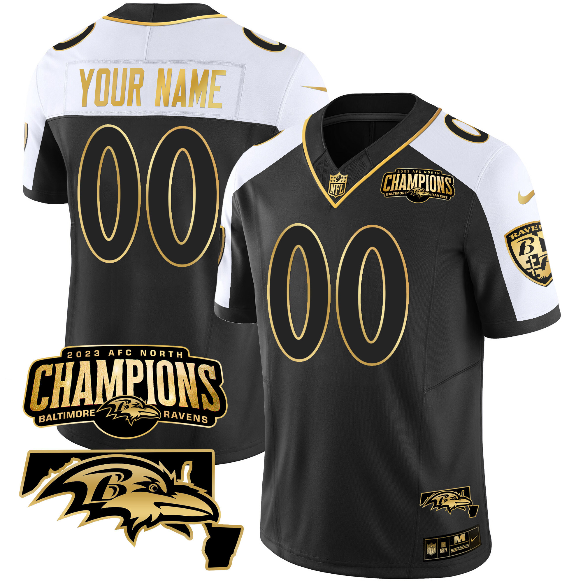 Baltimore Ravens 2023 AFC North Champions & Maryland Patch Gold Vapor Custom Jersey – All Stitched
