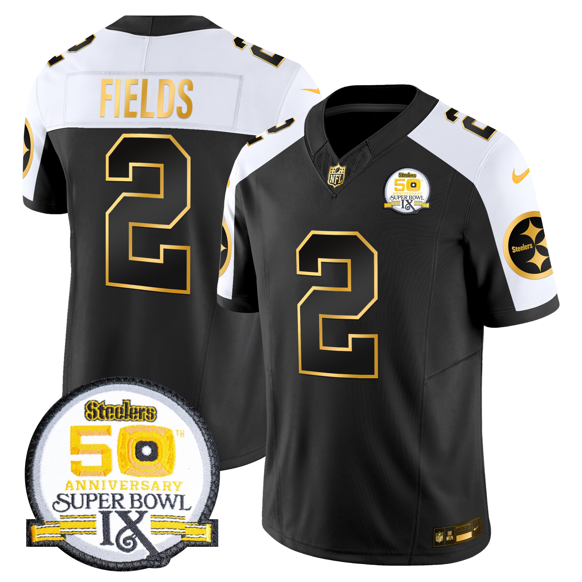 Men’s Pittsburgh Steelers 50th Anniversary of Super Bowl IX Patch Gold Vapor Limited Jersey – All Stitched