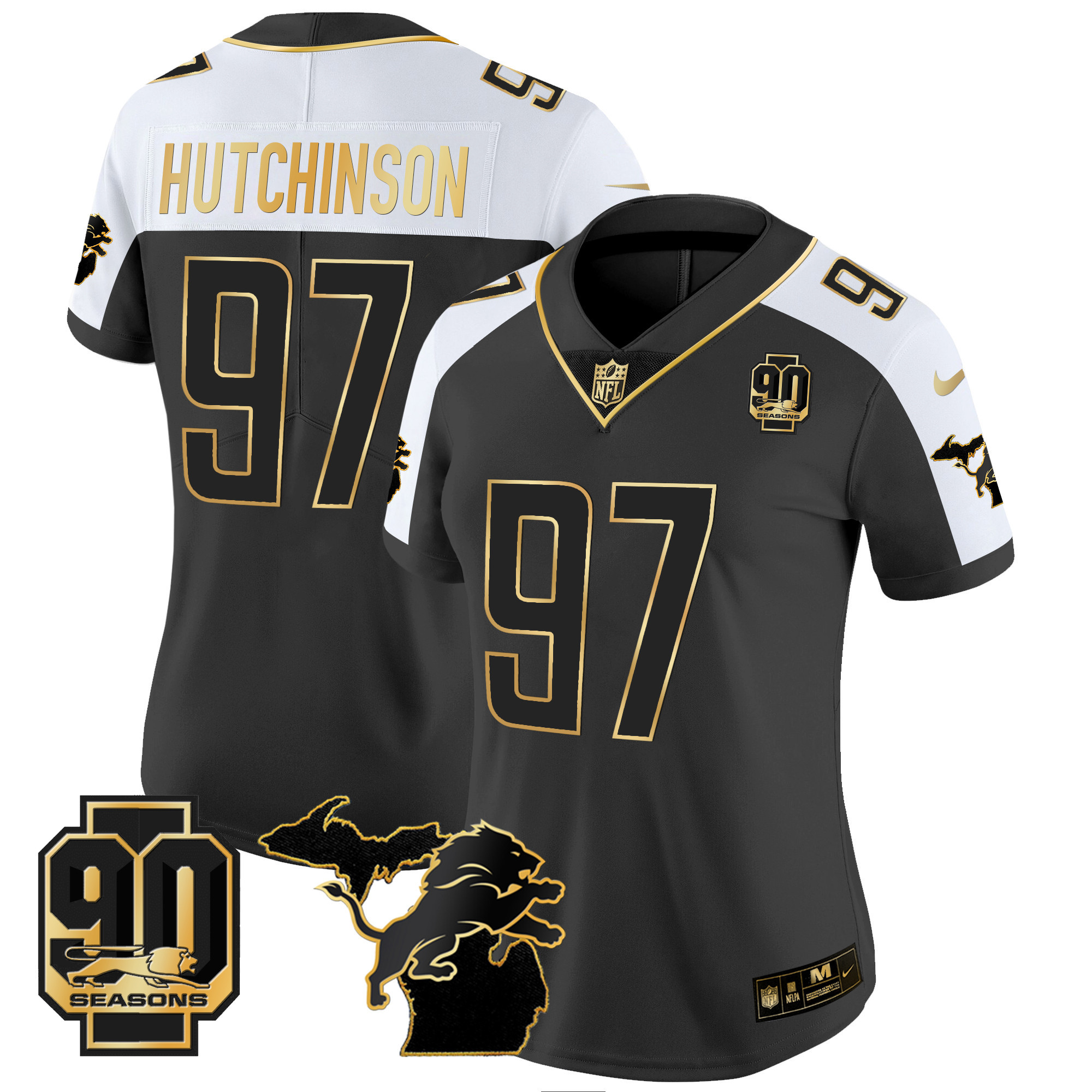 Women’s Detroit Lions 90th Year & Michigan Patch Gold Vapor Jersey – All Stitched