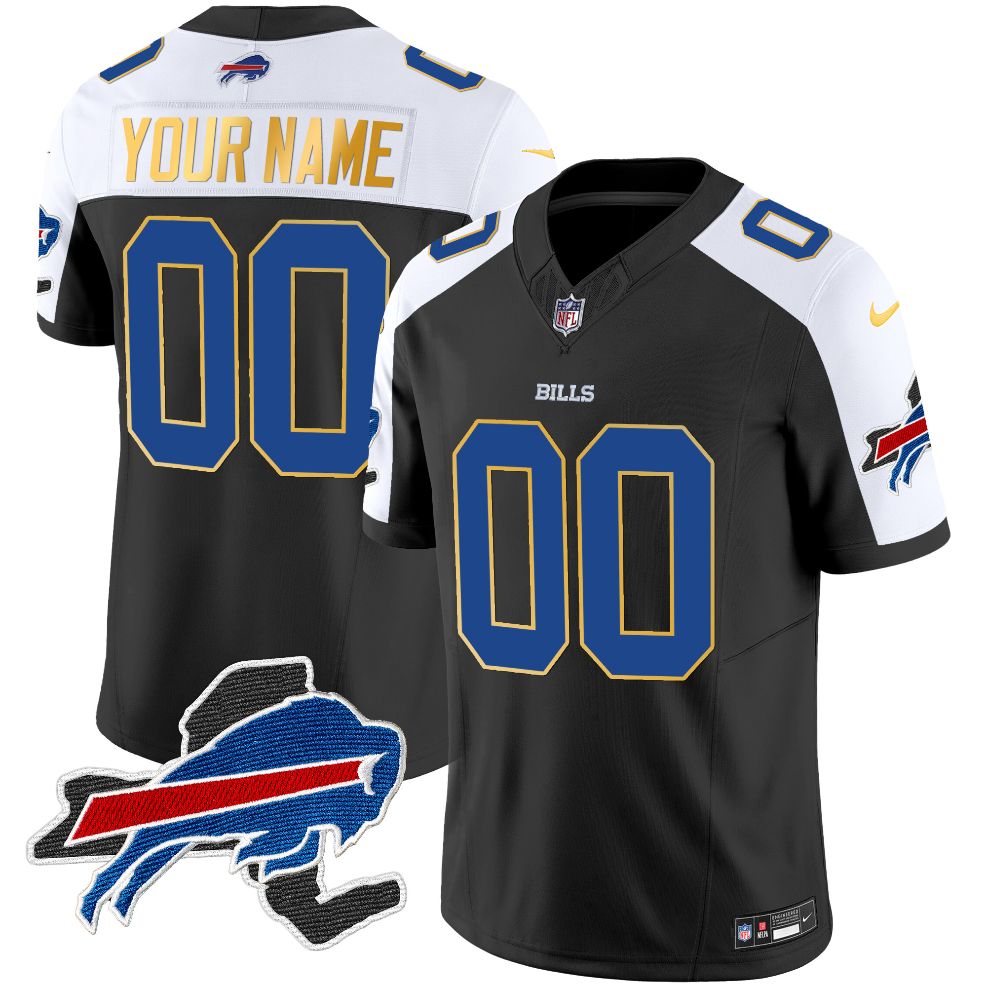 Buffalo Bills New York Patch Gold Trim Vapor Custom Jersey – All Stitched