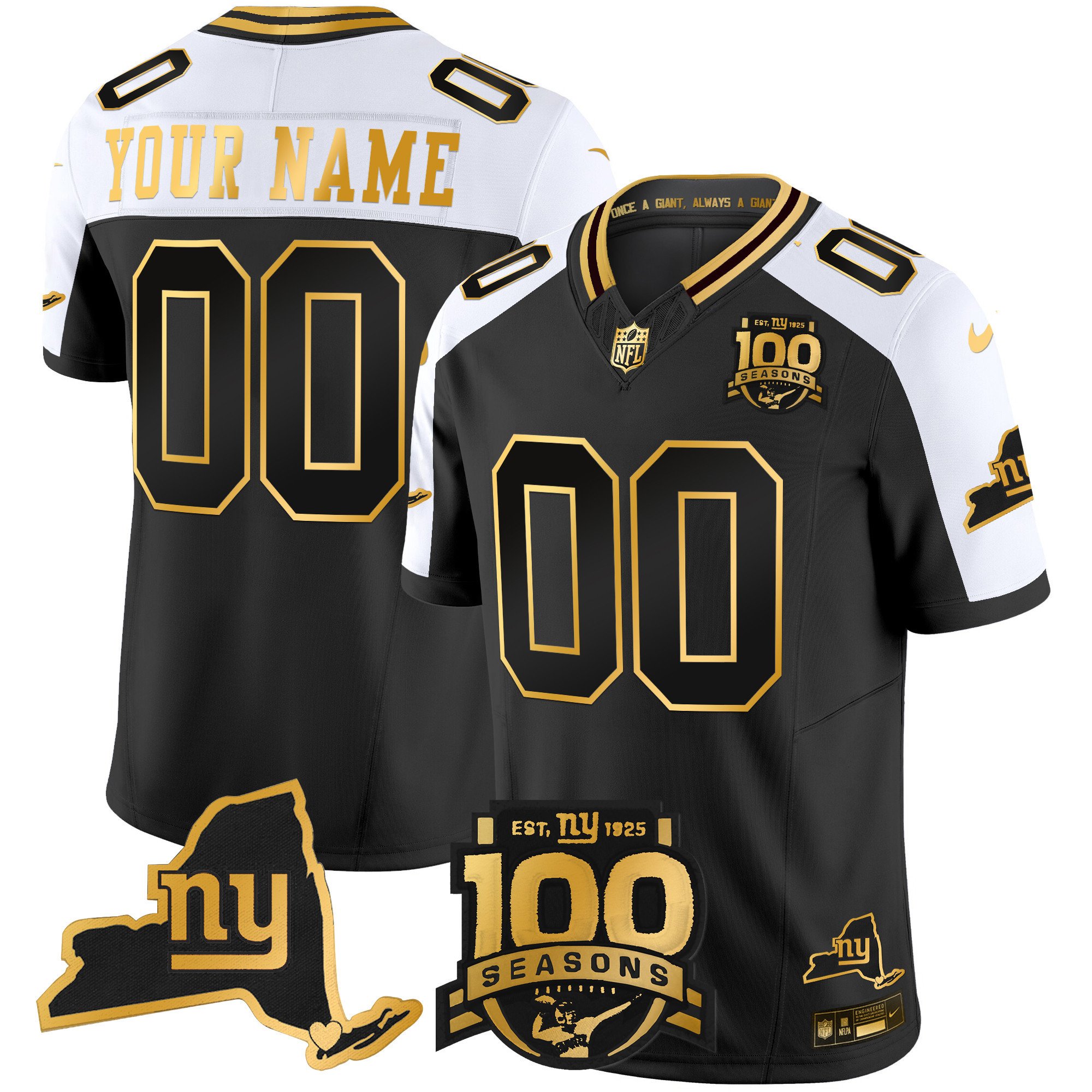 New York Giants 100th Season & State Patch Gold Vapor Limited Custom Jersey – All Stitched