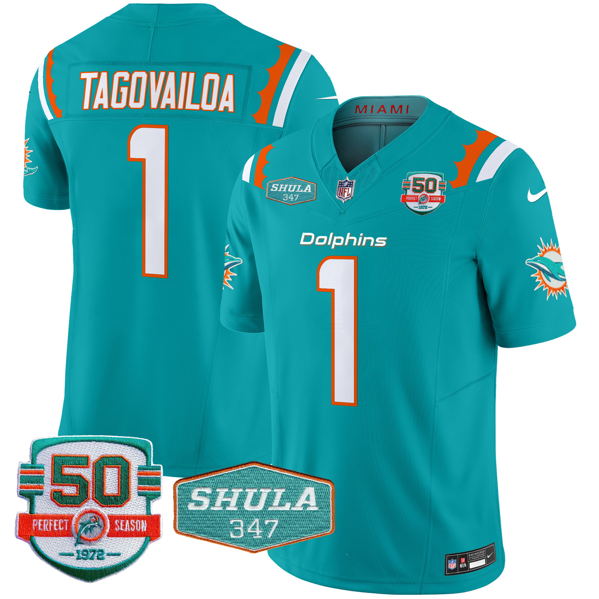 Men’s Miami Dolphins 50th & Don Shula 347 Memorial Patch Vapor Limited Jersey – All Stitched