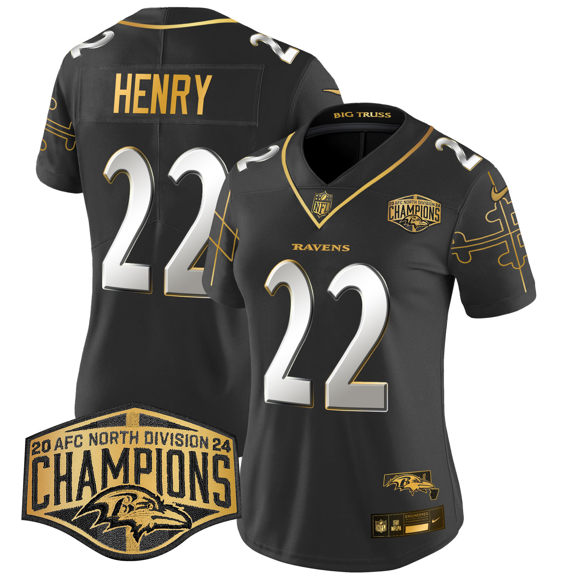 Women’s Ravens Maryland Flag Map 2024 AFC North Division Champions Patch Gold Vapor Limited Jersey – All Stitched