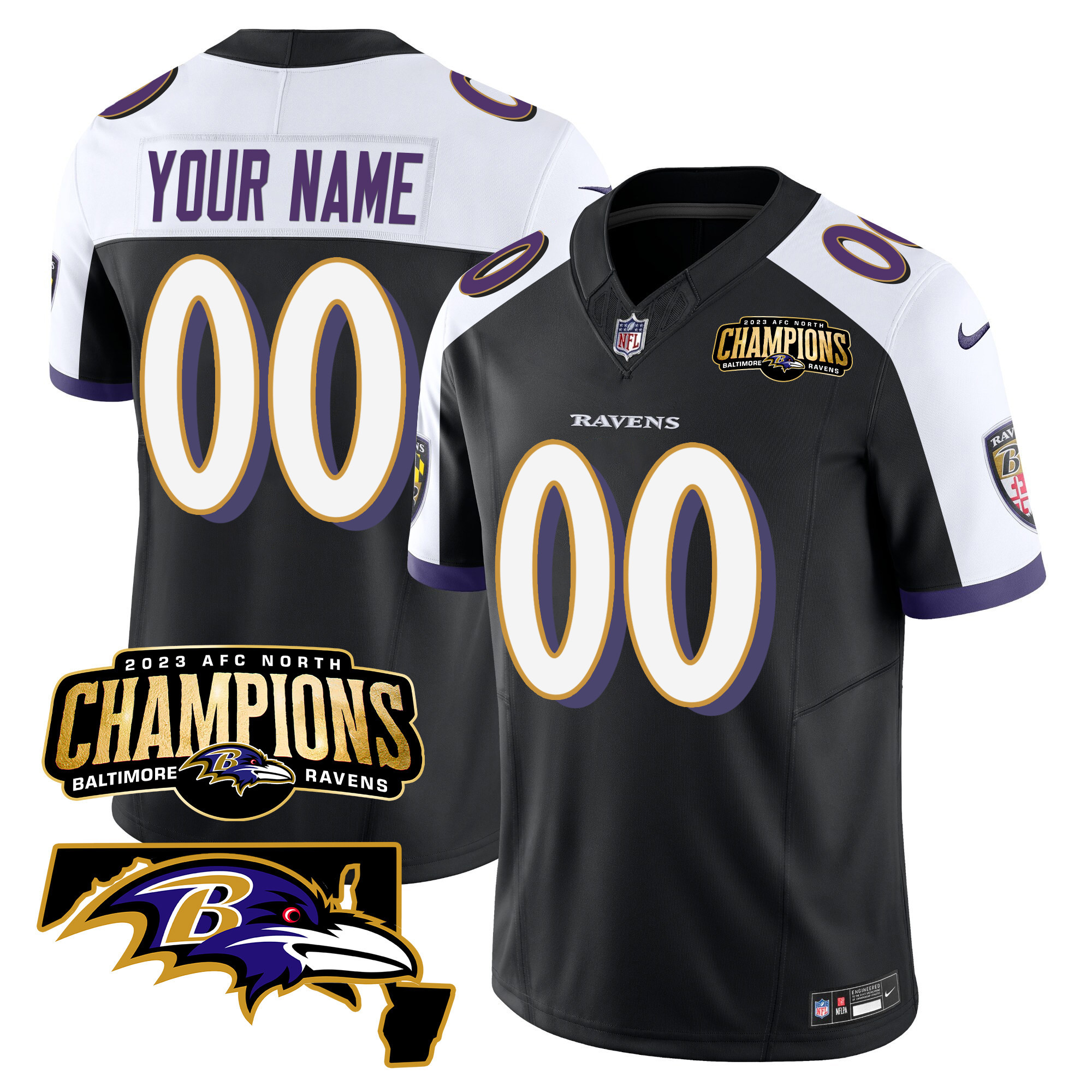 Baltimore Ravens 2023 AFC North Champions & Maryland Patch Vapor Custom Jersey – All Stitched