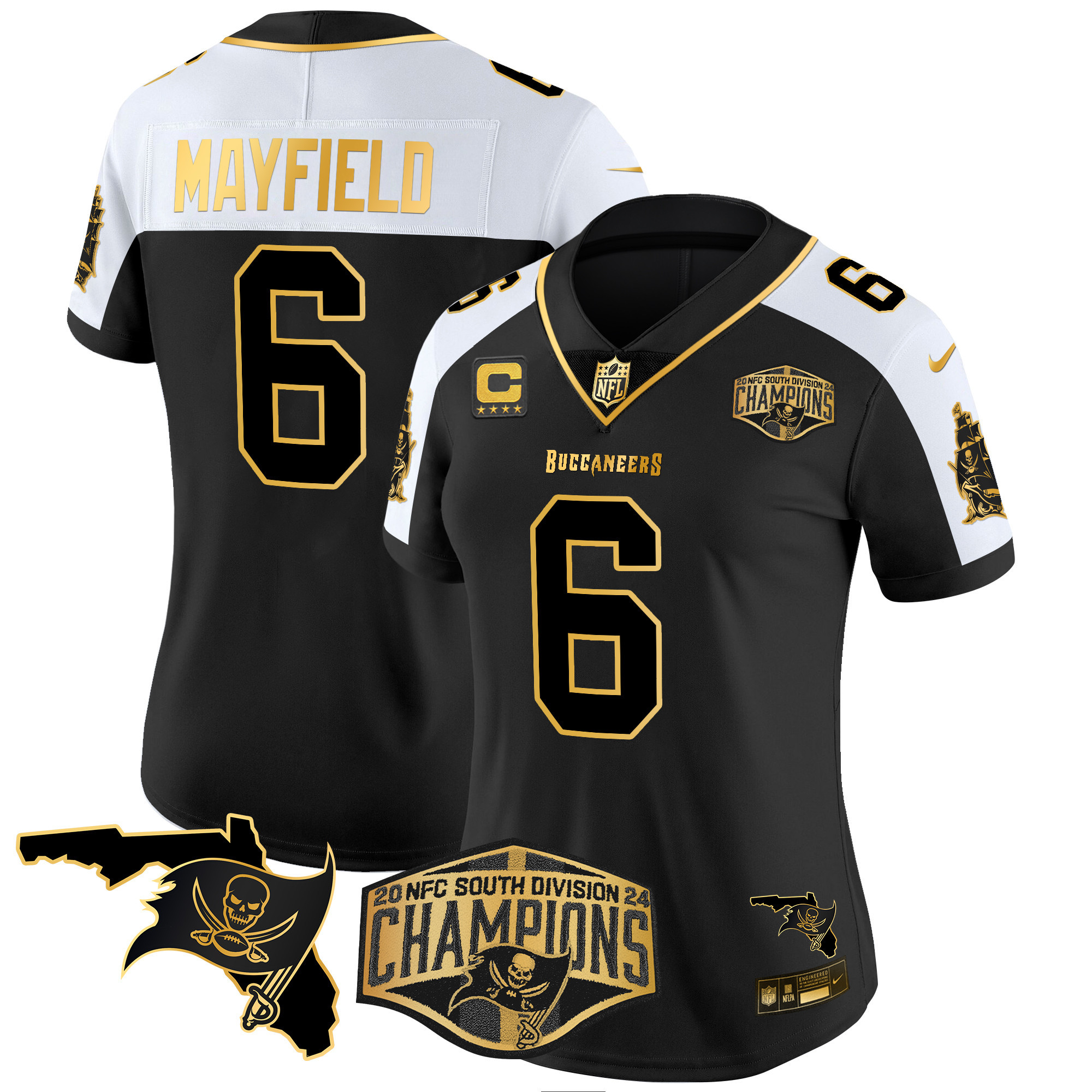 Women’s Buccaneers 2024 NFC South Division Champions Patch Gold Vapor Limited Jersey – All Stitched
