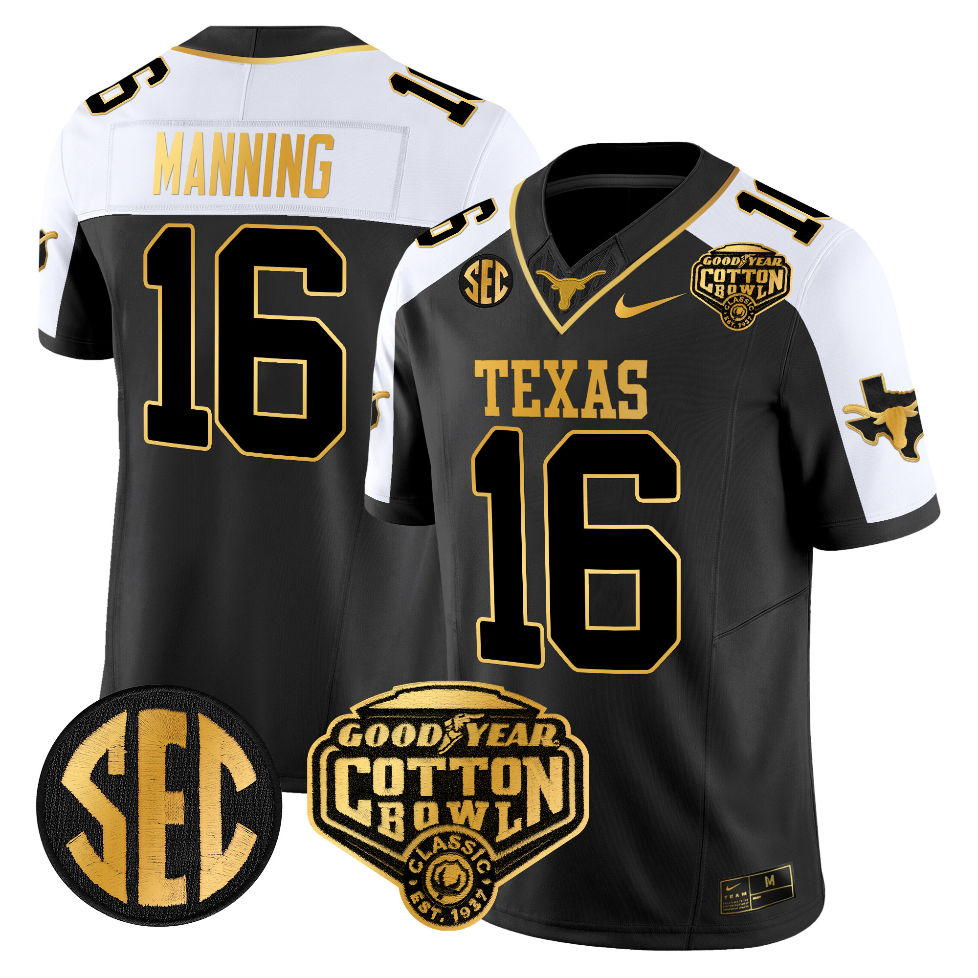 Men’s Texas Longhorns Cotton Bowl Patch Gold Vapor Limited Jersey – All Stitched