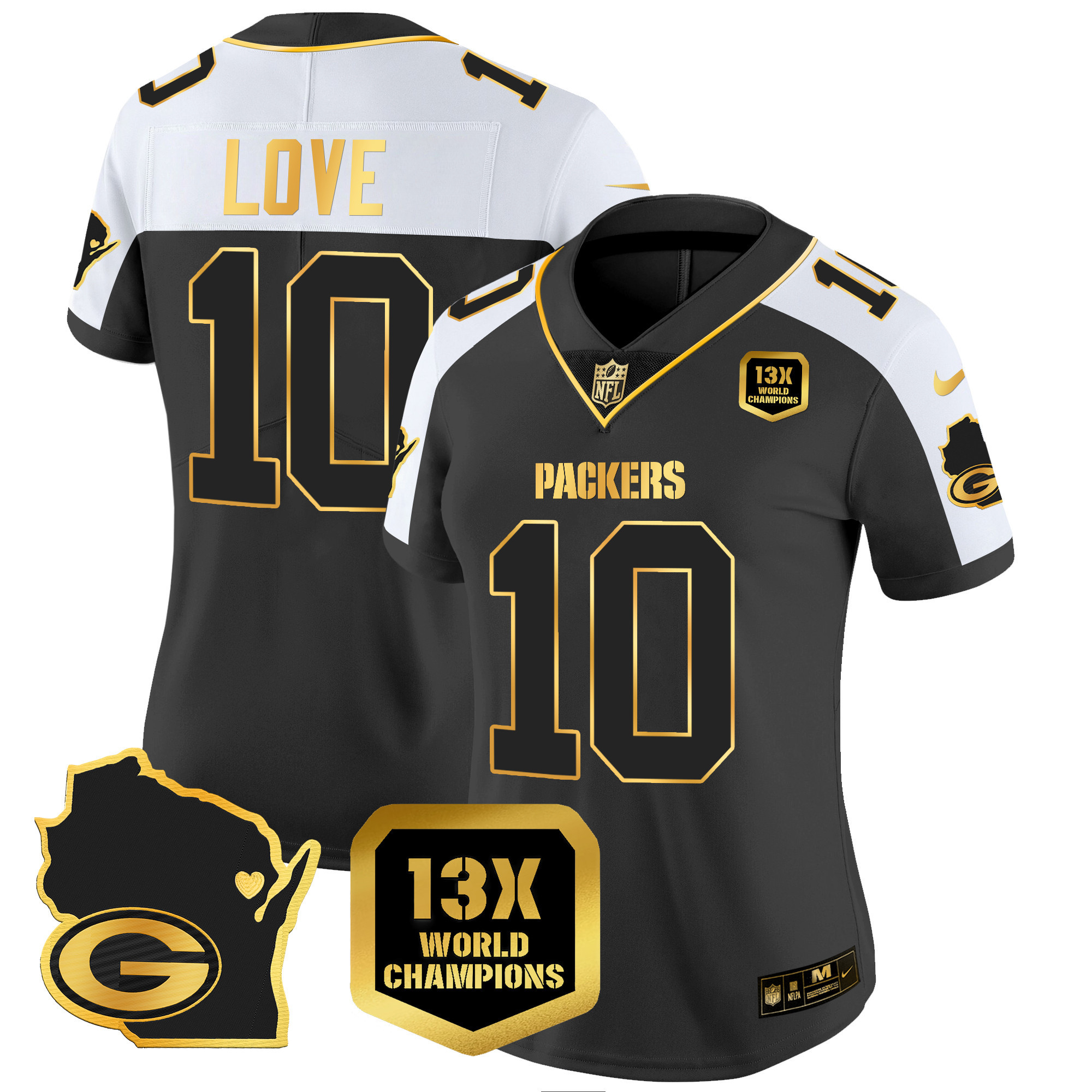 Women’s Green Bay Packers 13 Time World Champions & Home Patch Gold Vapor Jersey V2 – All Stitched