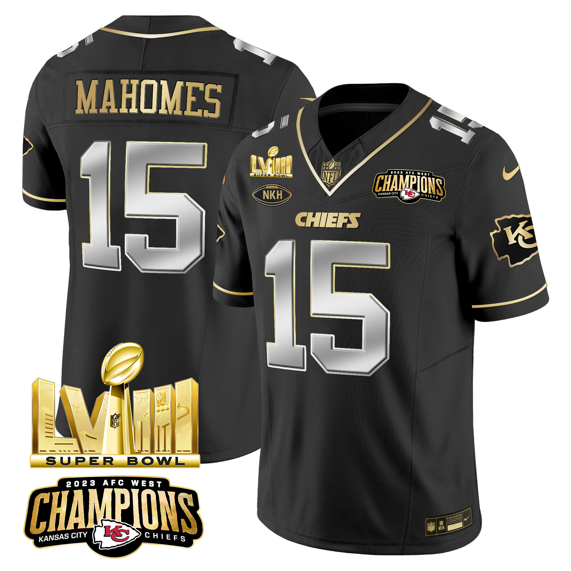 Men’s Kansas City Chiefs AFC West Champions & Super Bowl LVIII Gold Patch Vapor Jersey V2 – All Stitched