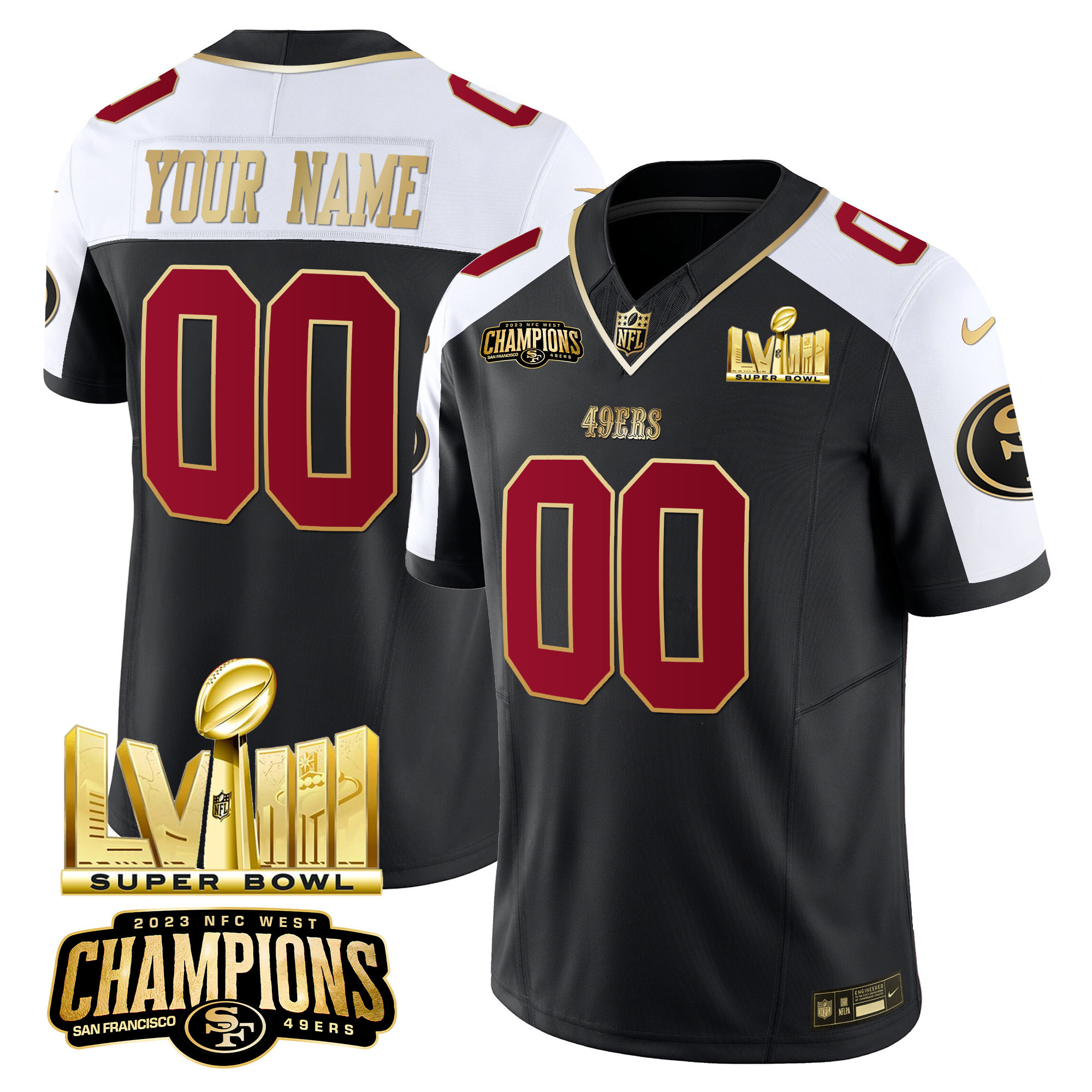 San Francisco 49ers NFC West Champions & Super Bowl LVIII Gold Patch Vapor Custom Jersey – All Stitched