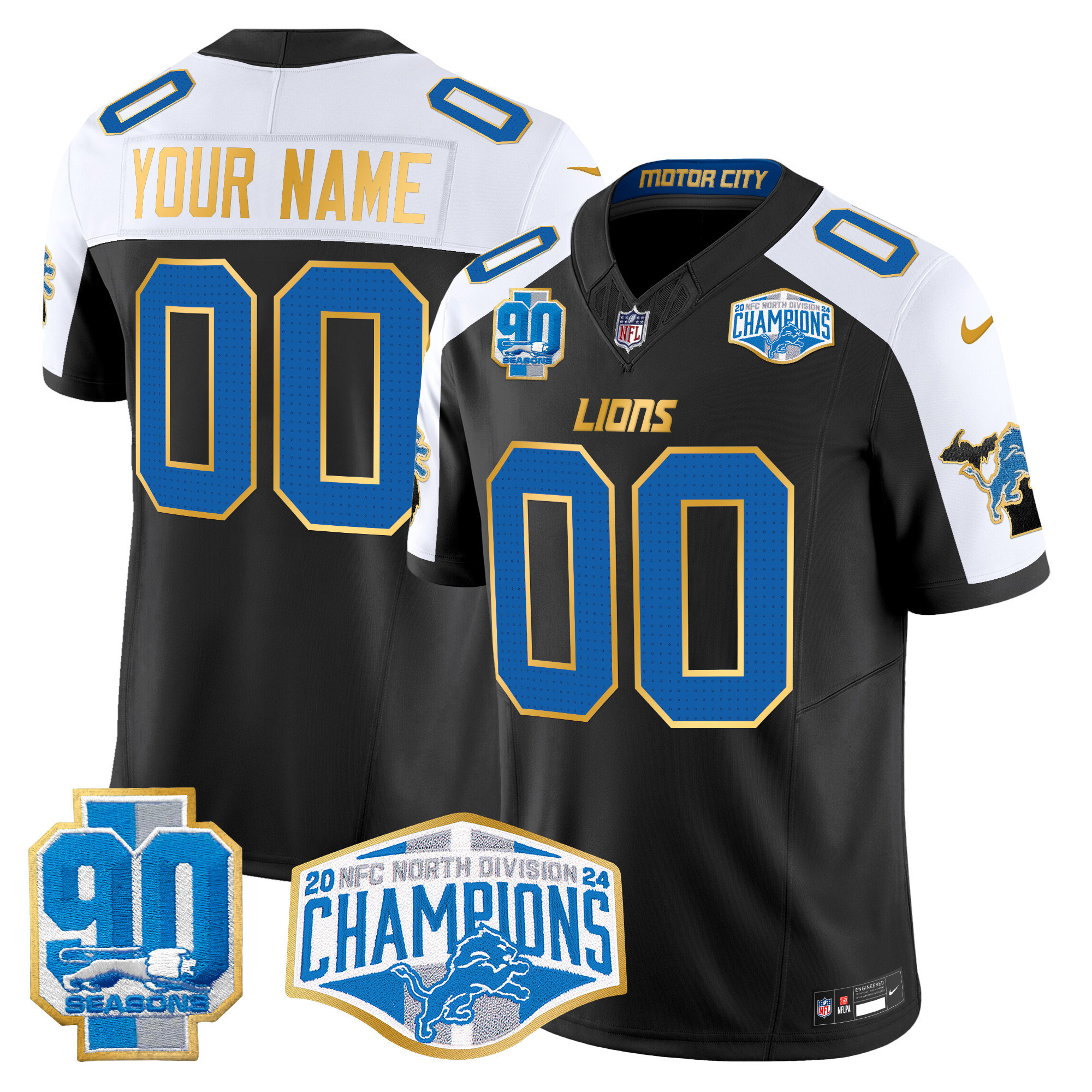 Detroit Lions 2024 NFC North Division Champions Patch Gold Trim Vapor Limited Custom Jersey – All Stitched