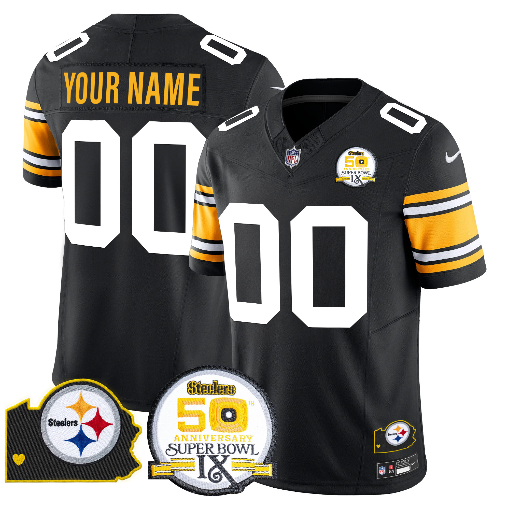 Pittsburgh Steelers 50th Anniversary Of Super Bowl IX & Map Patch Vapor Limited Custom Jersey – All Stitched