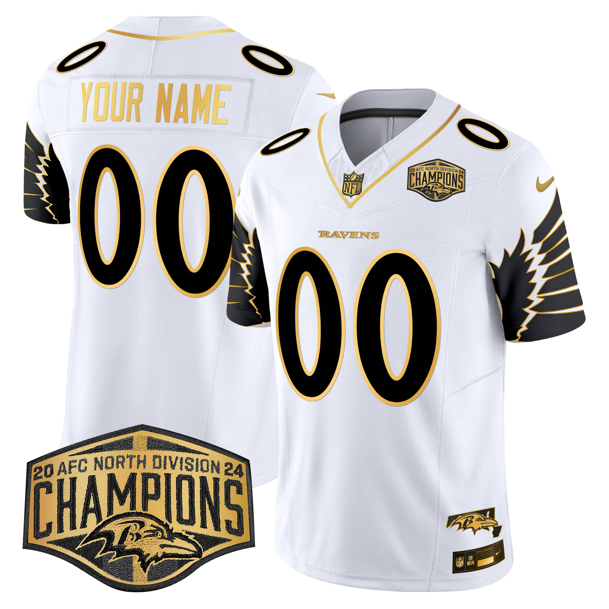 Ravens Maryland 2024 AFC North Division Champions Patch Gold Vapor Limited Custom Jersey – All Stitched